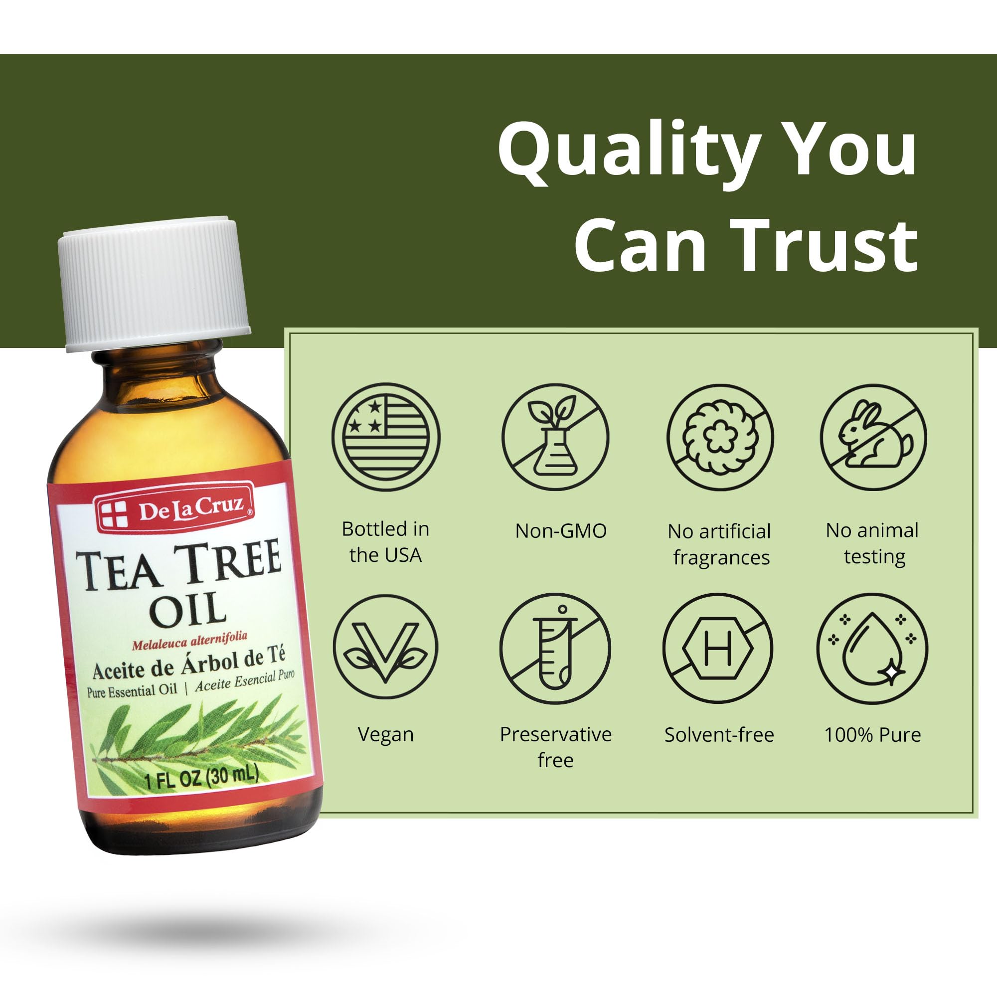 Emballage américain De La Cruz Tea Tree — huile essentielle authentique.