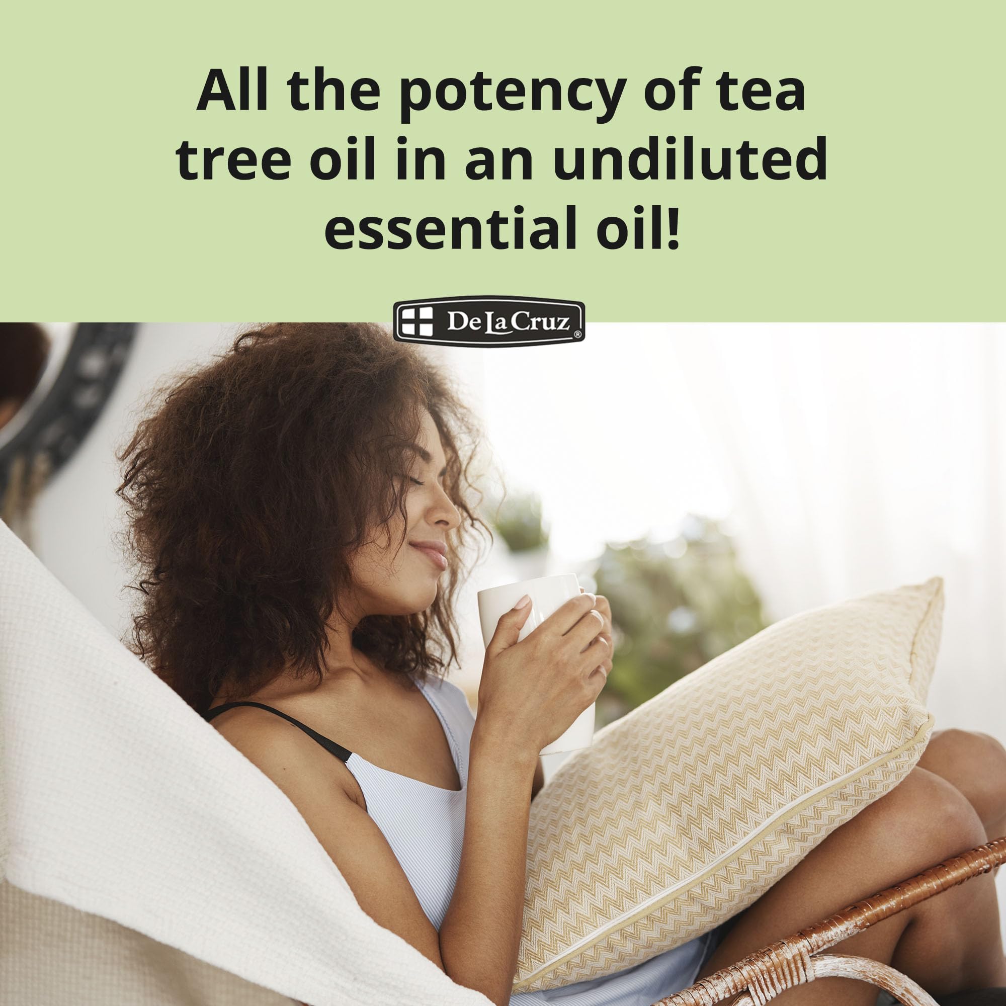 Étiquette vegan De La Cruz Tea Tree — sans colorants artificiels.