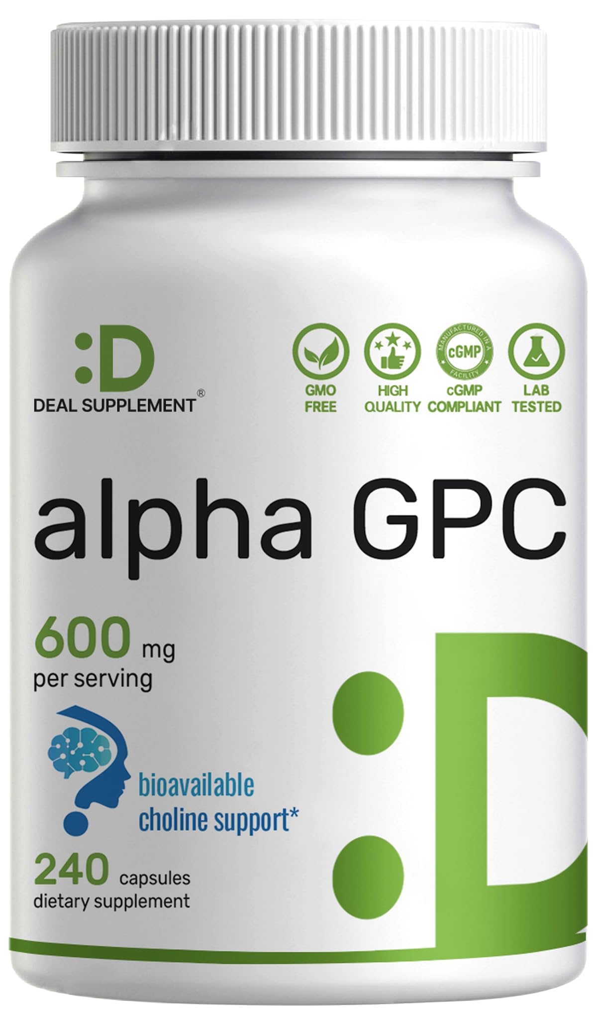 Alpha GPC 600 mg DEAL SUPPLEMENT – bouteille de 240 gélules pour soutien cognitif potentiel.