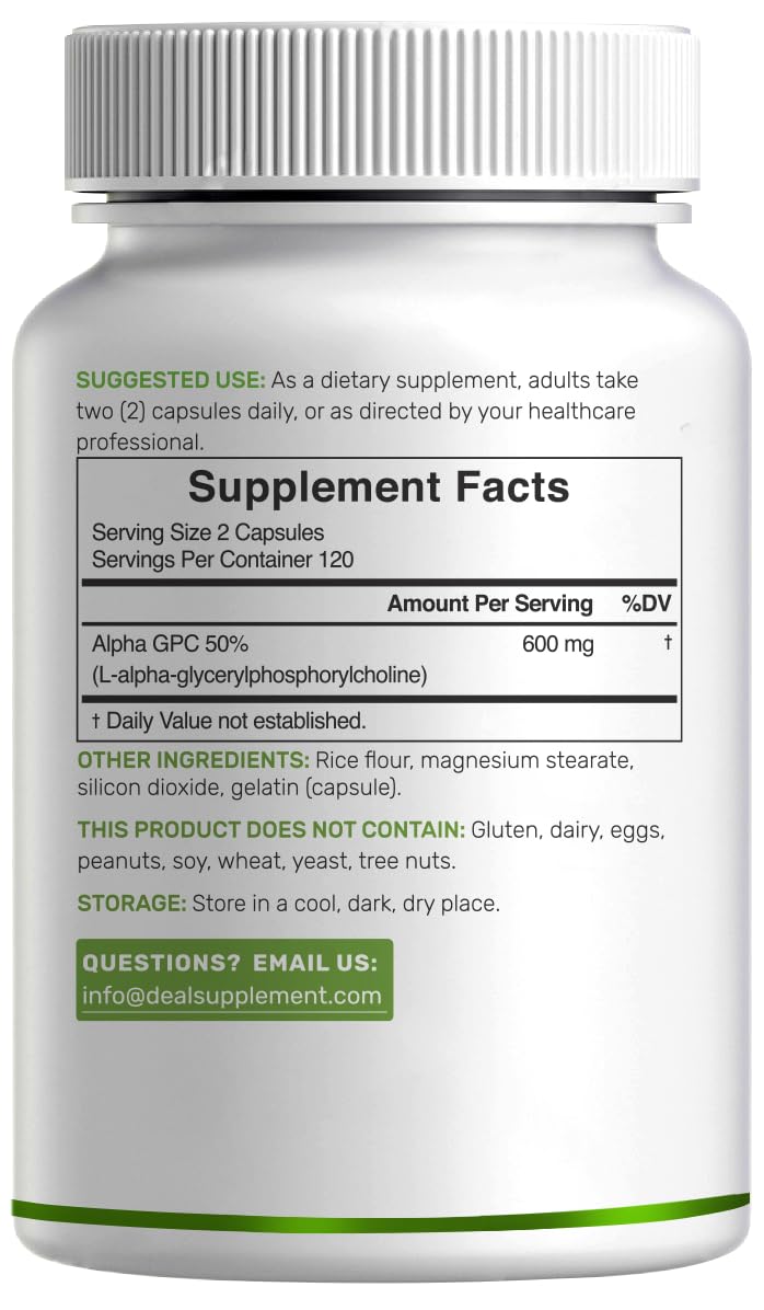 Capsules empilées DEAL SUPPLEMENT Alpha GPC 600 mg – format pratique pour prise régulière.