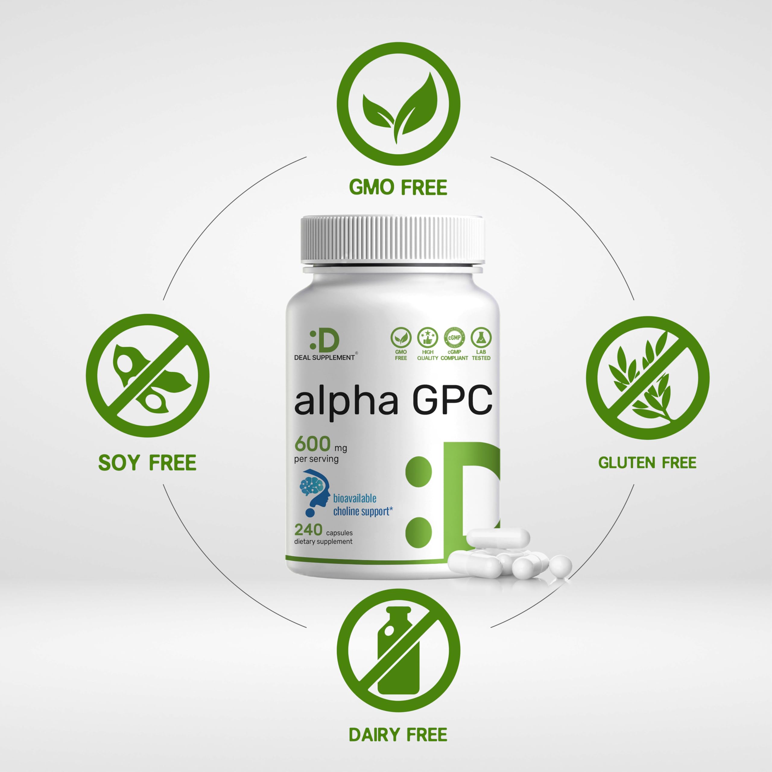 Étiquette Alpha GPC 600 mg DEAL SUPPLEMENT – informations claires et lisibles sur l’emballage.