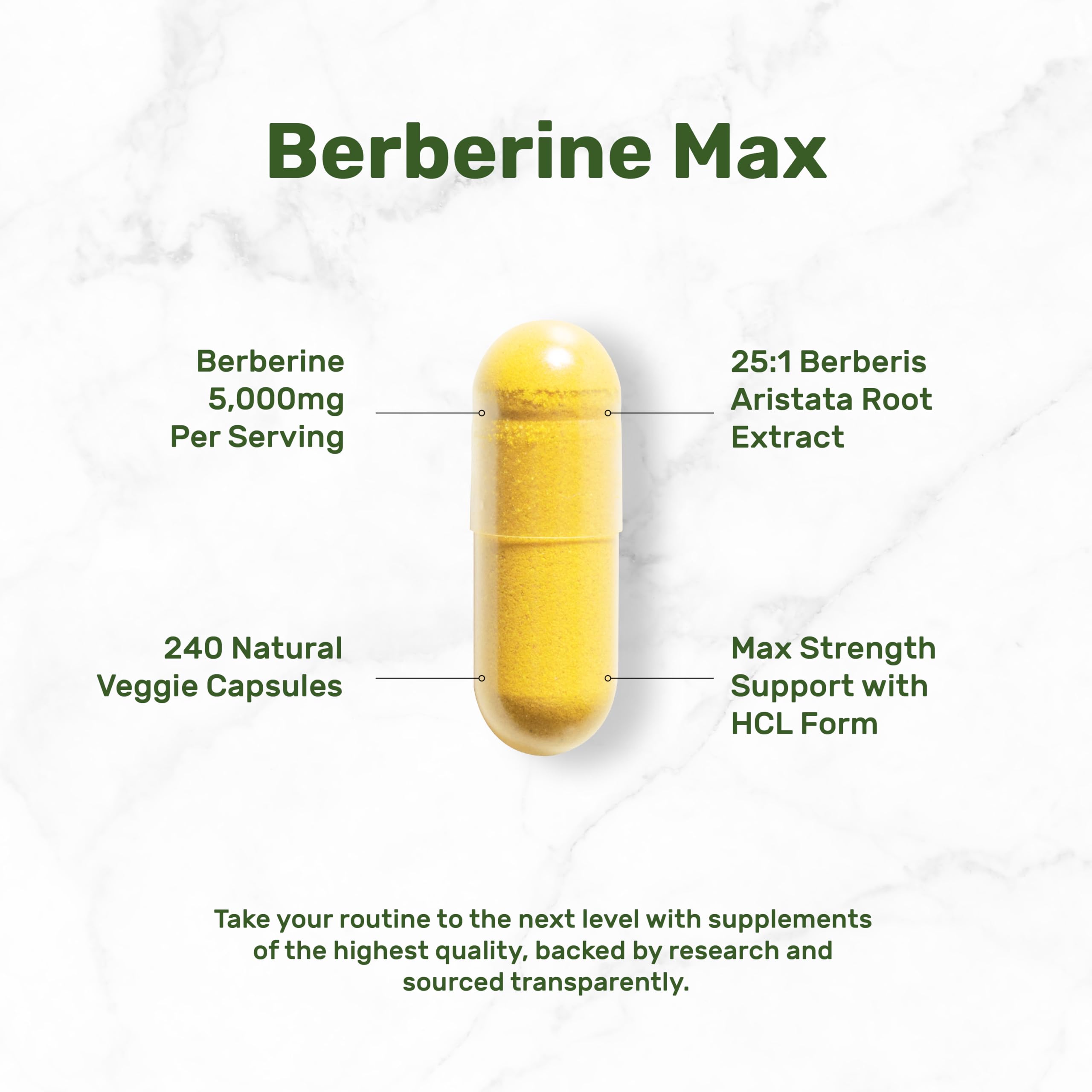 Étiquette du produit indiquant 97% berberine HCl et qualité
