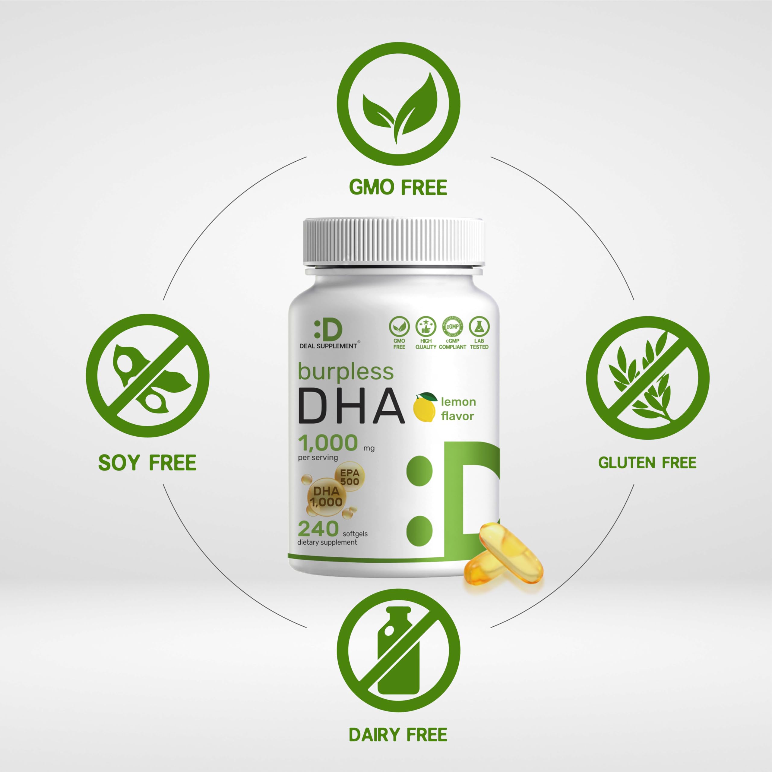 Deal Supplement bouteille DHA 1000 mg et EPA 500 mg: apport durable sur 120 jours.