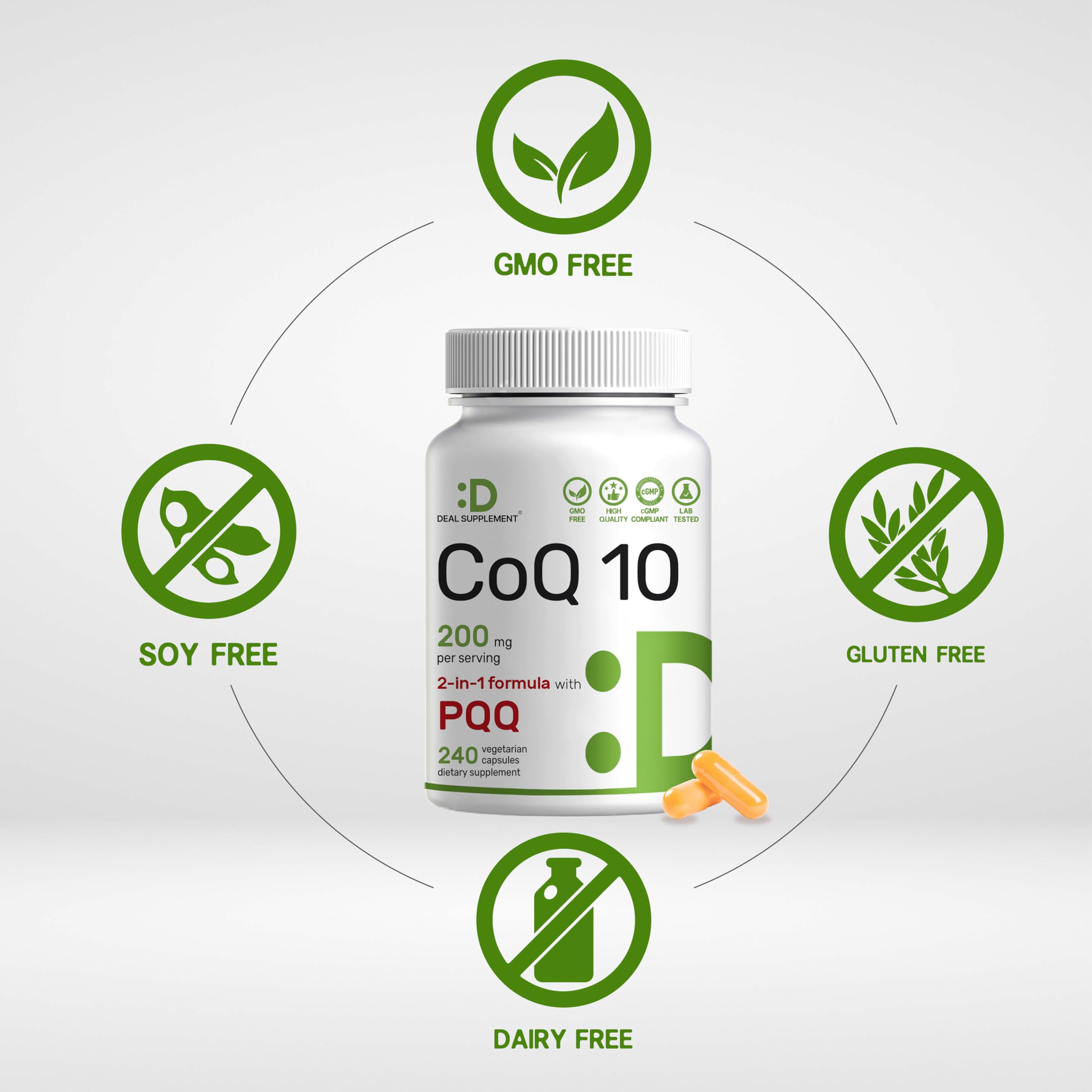Étiquette sans OGM et sans gluten sur DEAL SUPPLEMENT CoQ10.