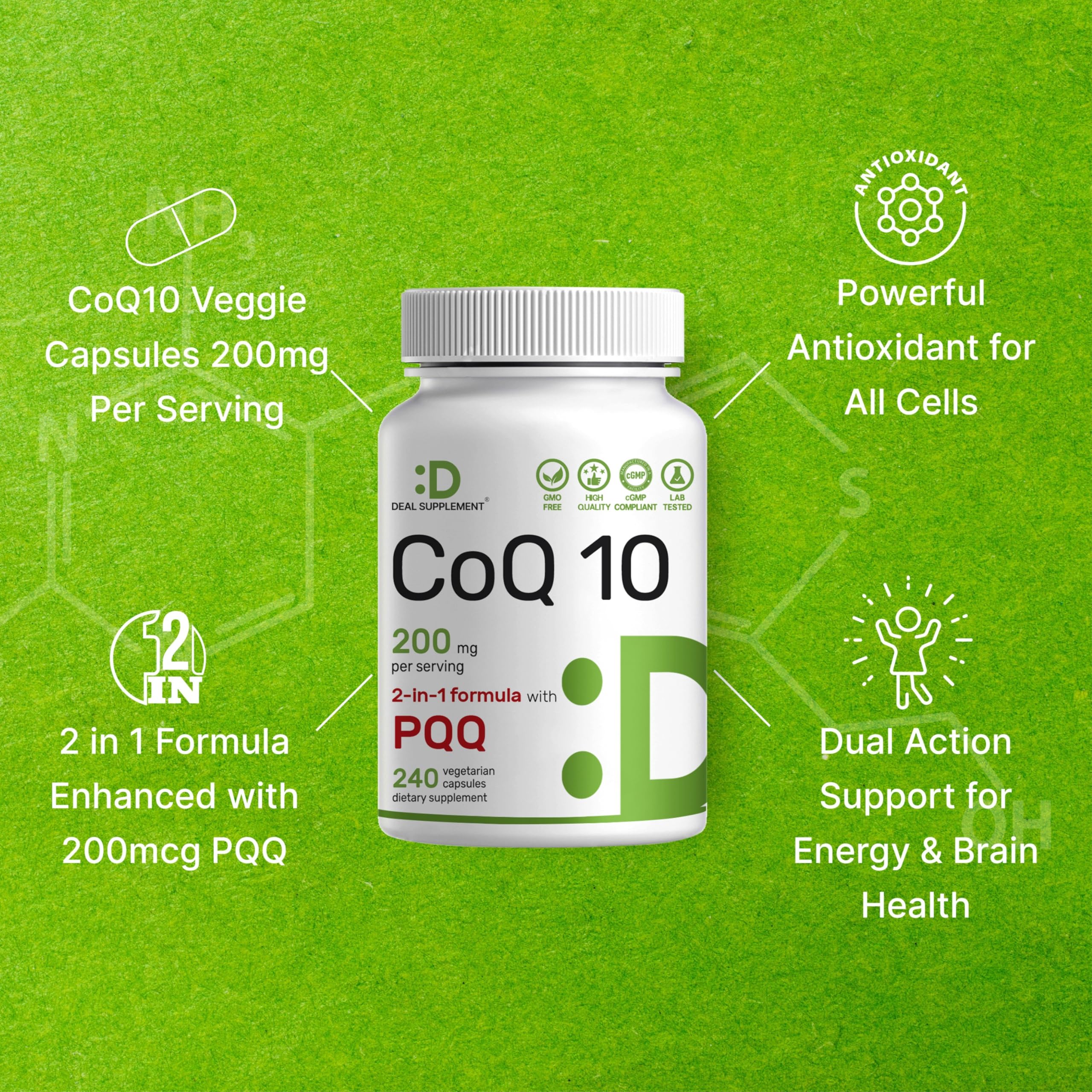 Gélules végétales DEAL SUPPLEMENT CoQ10, forme pratique à prendre chaque jour.