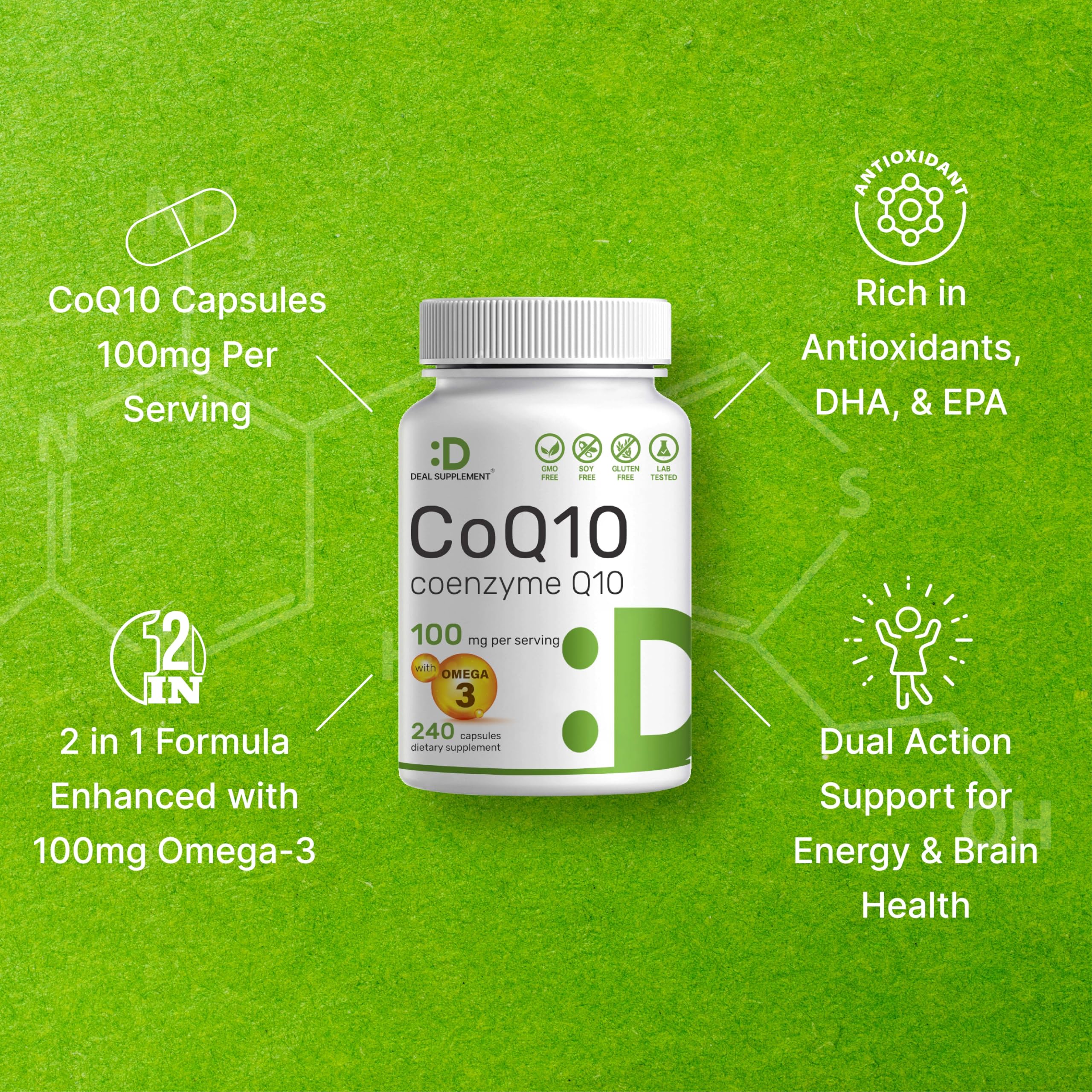 DEAL SUPPLEMENT CoQ10 Omega-3: emballage durable et informatif.