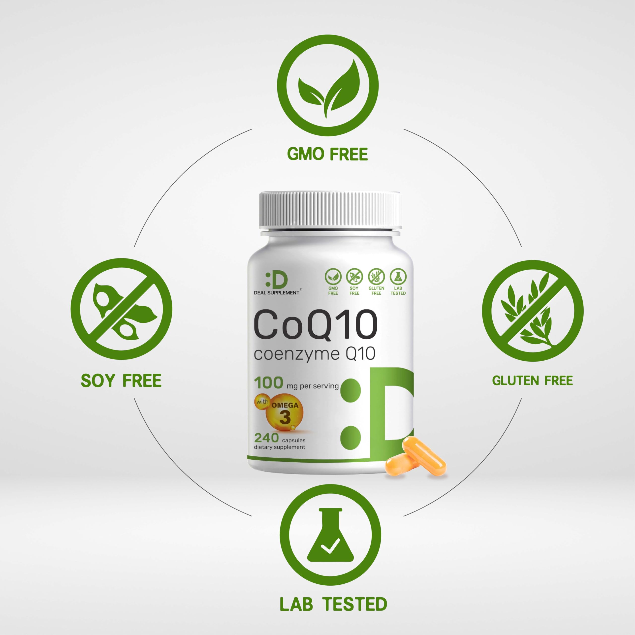 DEAL SUPPLEMENT CoQ10 Omega-3: étiquette sans OGM et sans allergènes.