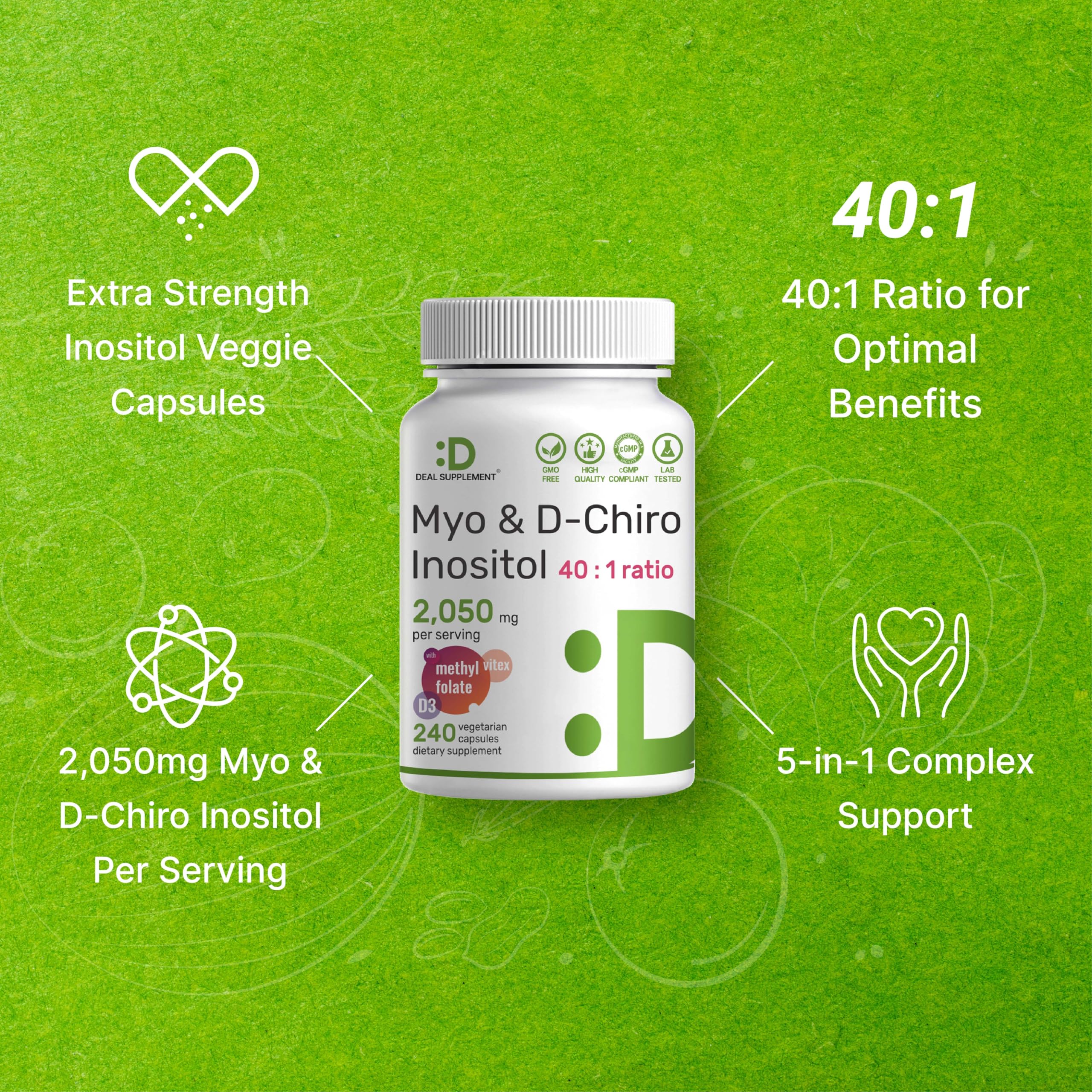 Deal Supplement flacon – composition 2 000 mg Myo-Inositol et 50 mg D-Chiro Inositol.