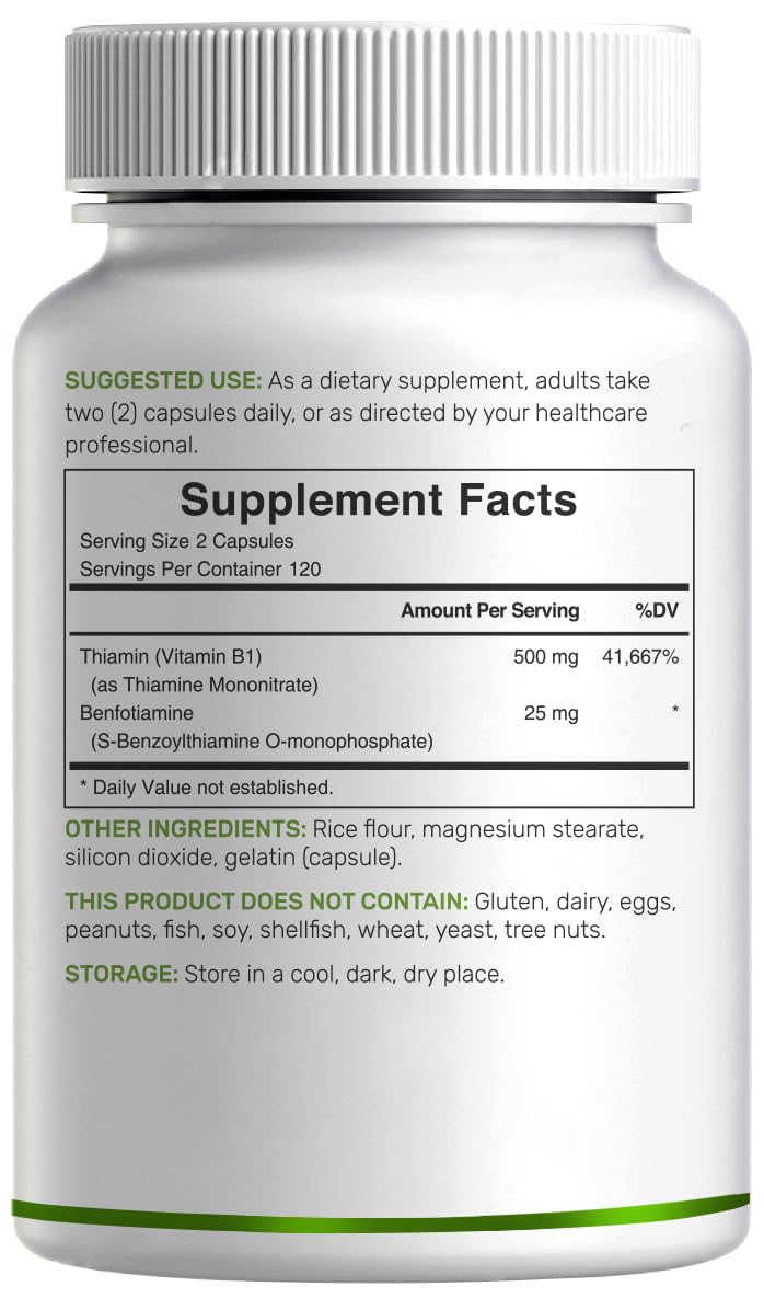 Dosage 500 mg + 25 mg benfotiamine sur le flacon.