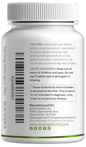 Étiquette claire sur la boîte DEAL SUPPLEMENT Ginkgo Biloba, extrait standardisé pour soutien cognitif.