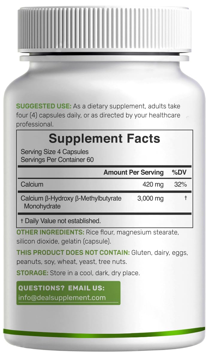 Récipient 240 capsules DEAL SUPPLEMENT HMB, plan d'utilisation sur 60 jours.