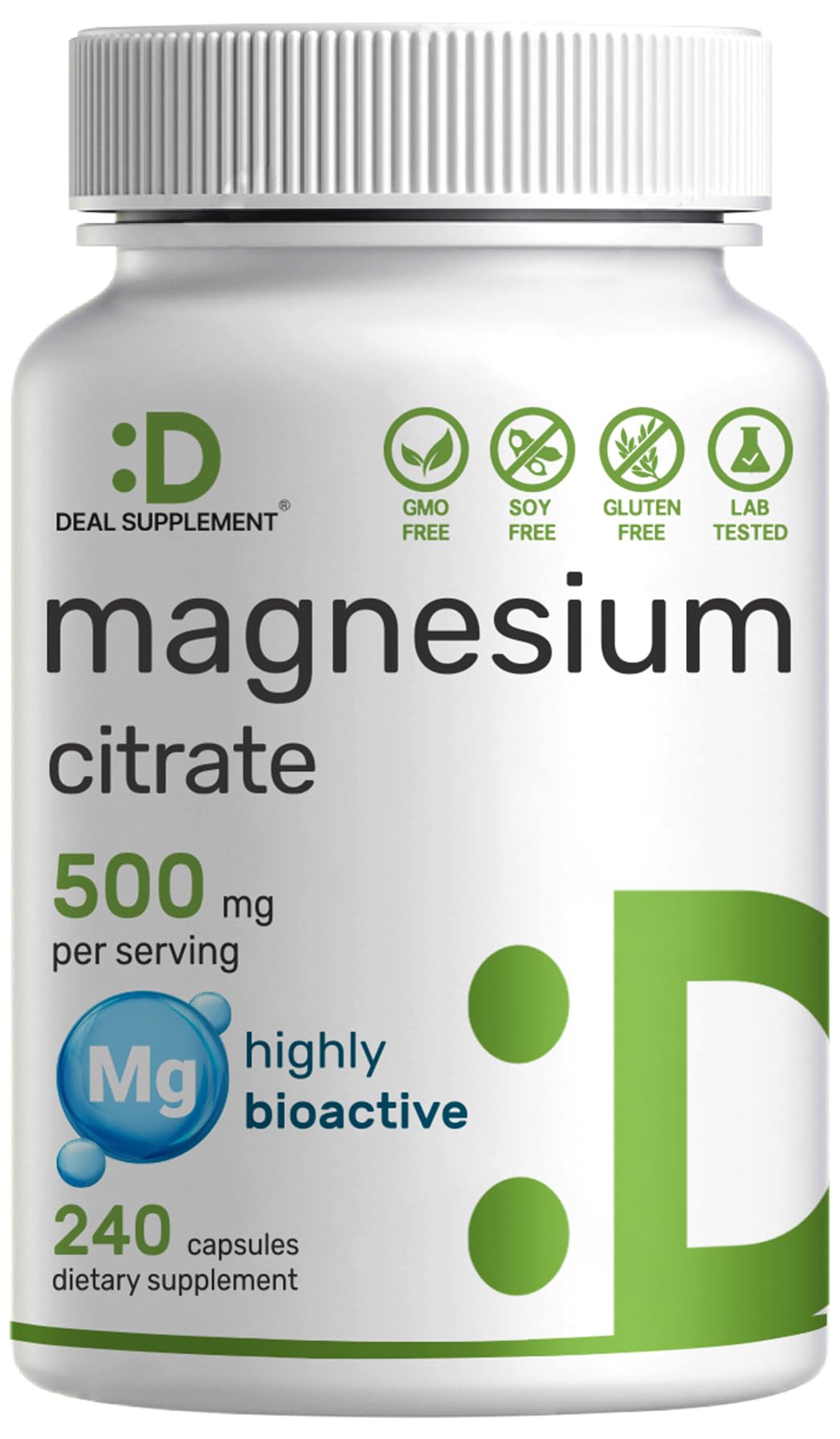 DEAL SUPPLEMENT Magnésium citrate : bouteille pratique de 240 capsules pour une routine quotidienne facile