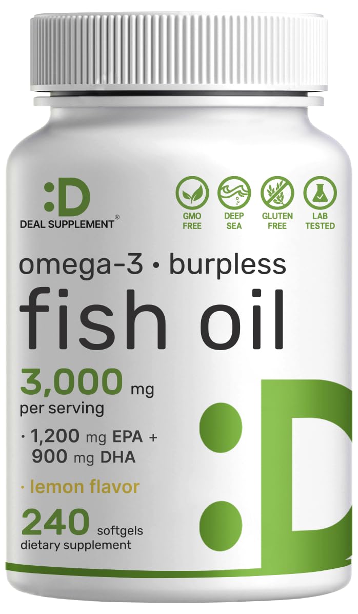 Gélules Oméga-3 DEAL SUPPLEMENT en flacon citron, prise quotidienne facile.