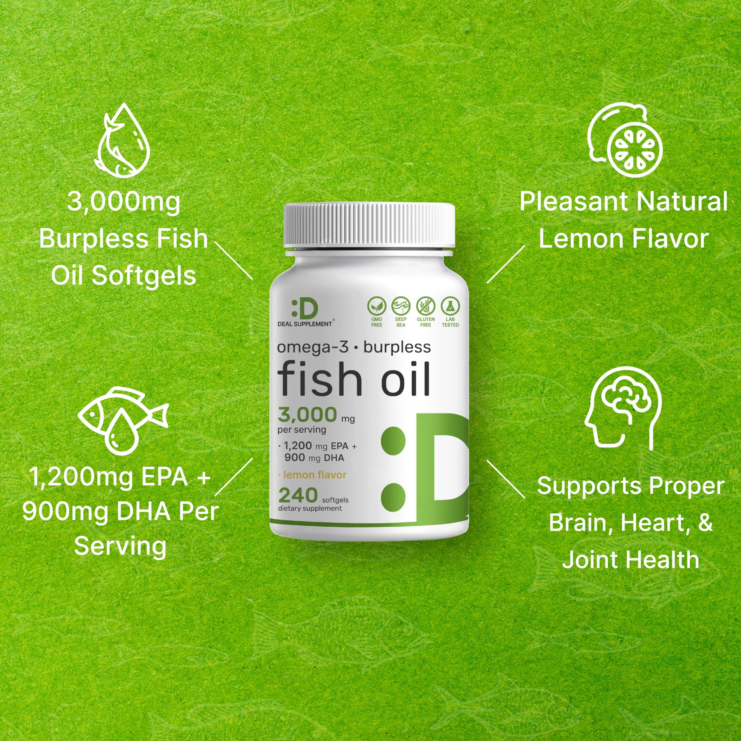 Goût citron naturel sur les gélules Oméga-3 DEAL SUPPLEMENT.