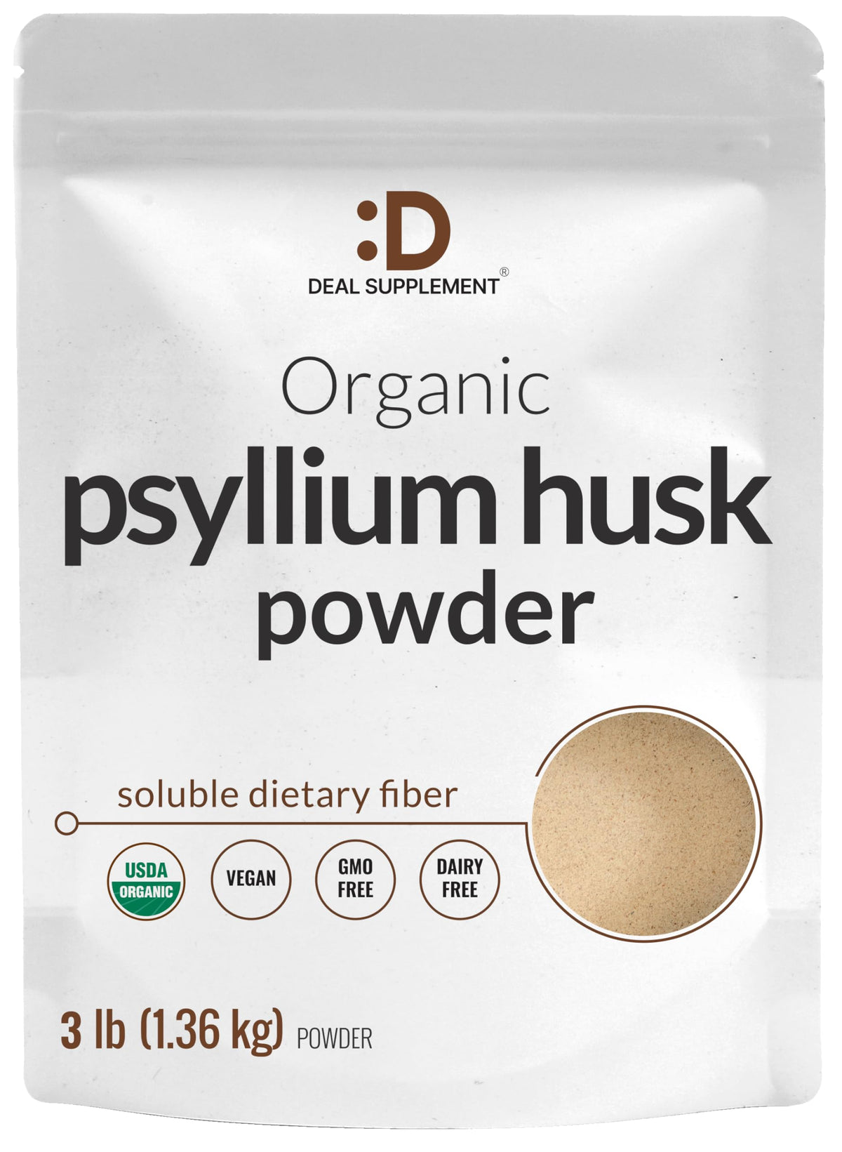 DEAL SUPPLEMENT poudre de psyllium bio dans emballage, pratique pour démarrer vos boissons riches en fibres.