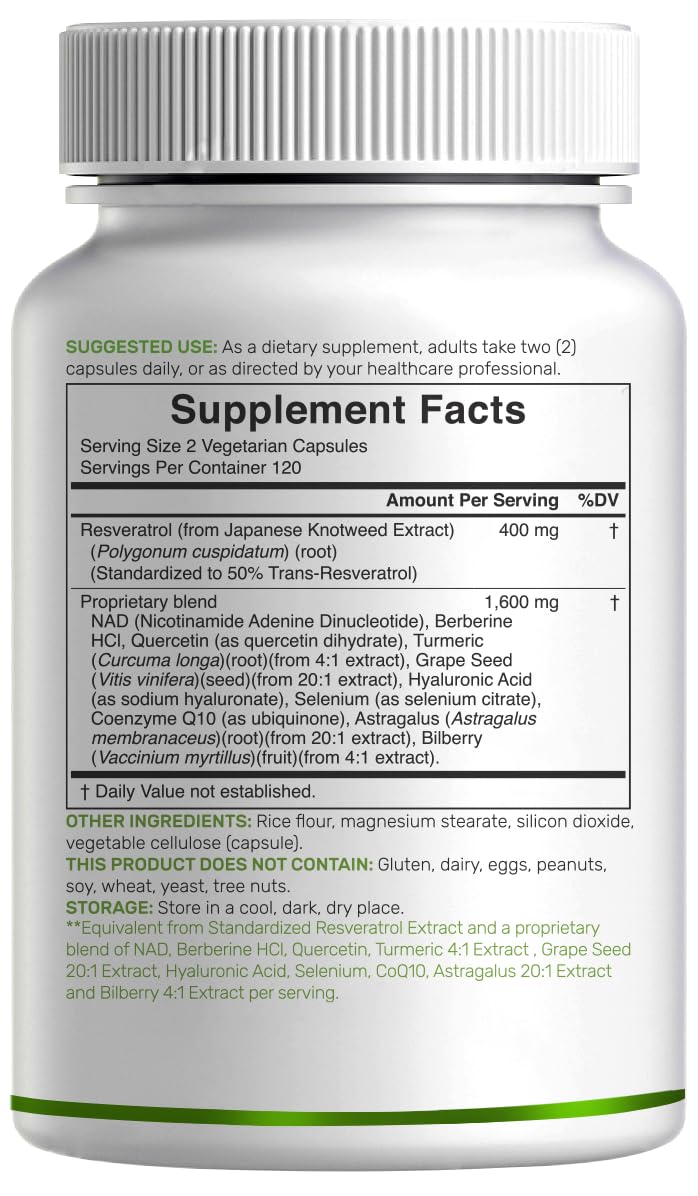 Contenu de DEAL SUPPLEMENT Resveratrol Complexe, 240 gélules végétales pour long terme