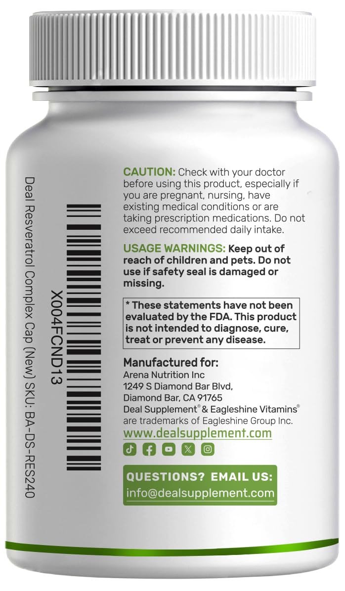 Emballage élégant DEAL SUPPLEMENT Resveratrol Complexe, pratique pour routine quotidienne