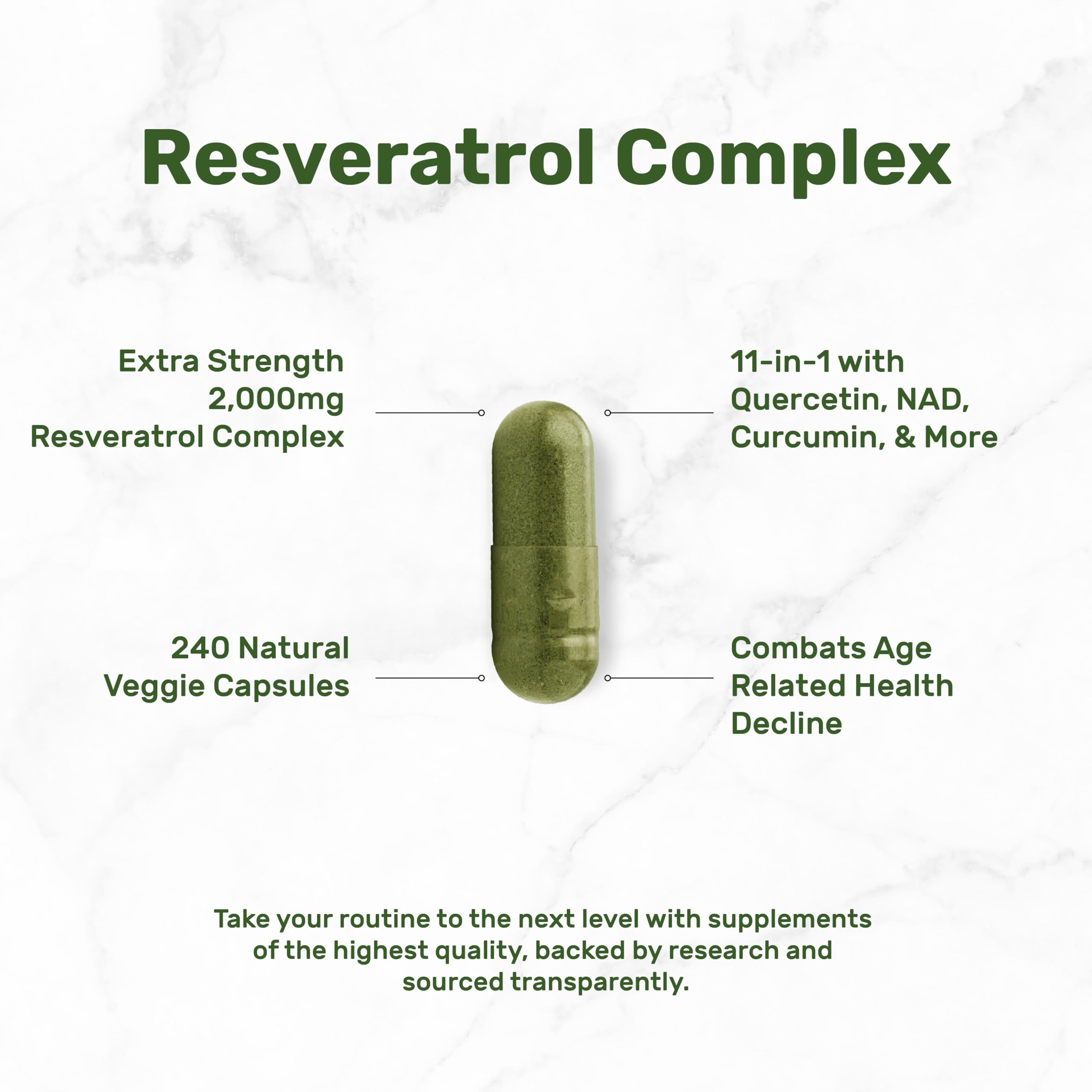 Étiquette claire DEAL SUPPLEMENT Resveratrol Complexe sur l'emballage, guide d'utilisation et ingrédients
