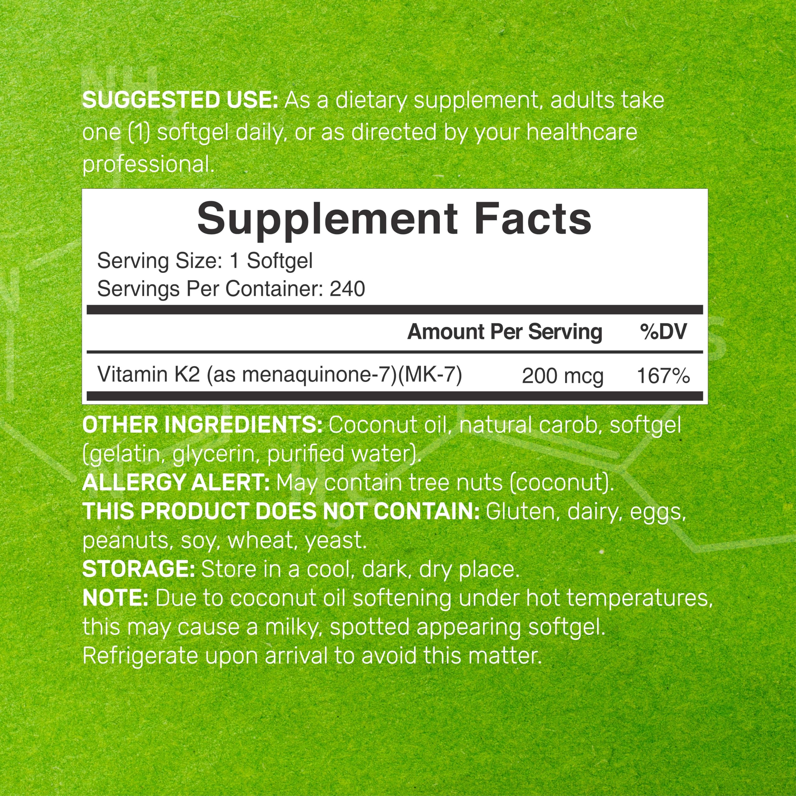 Deal Supplement Vitamin K2 MK-7, huile de coco, base enrichissante pour les gélules molles.
