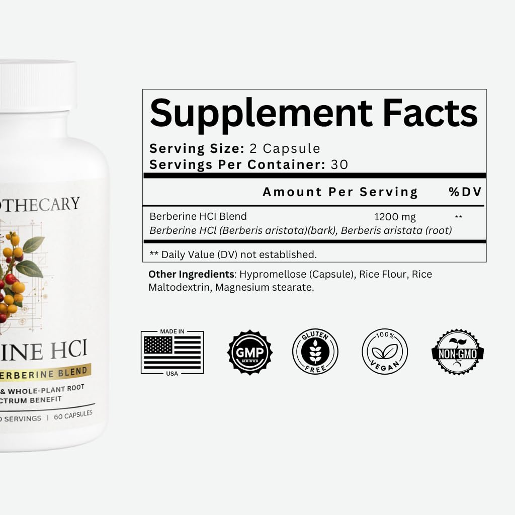 Dear Apothecary Berberine HCl 1200 mg – Berberis Aristata, origine cultivée aux États‑Unis