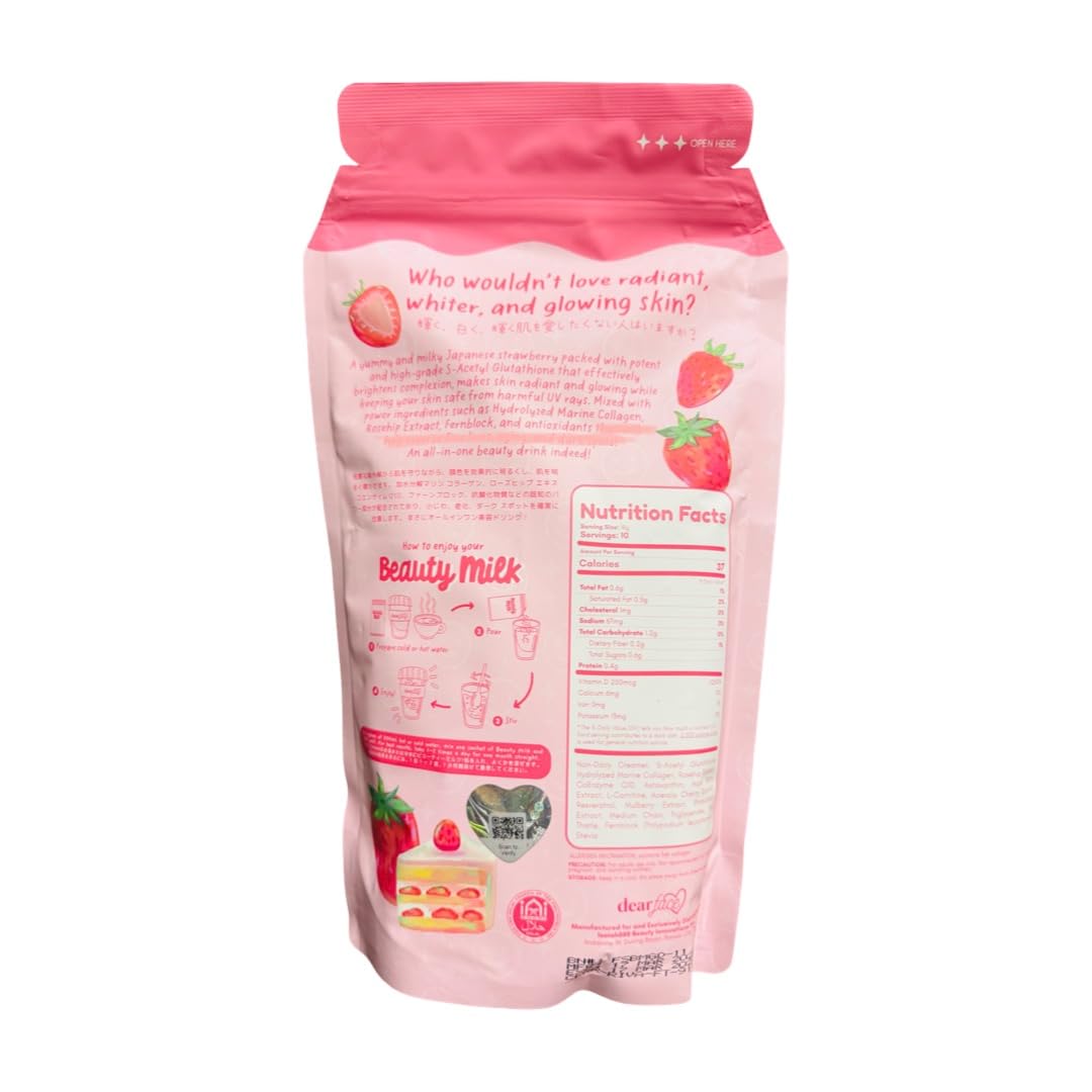 Dear Face Beauty Milk, boisson collagène fraise servie dans un verre, moment délicieux.