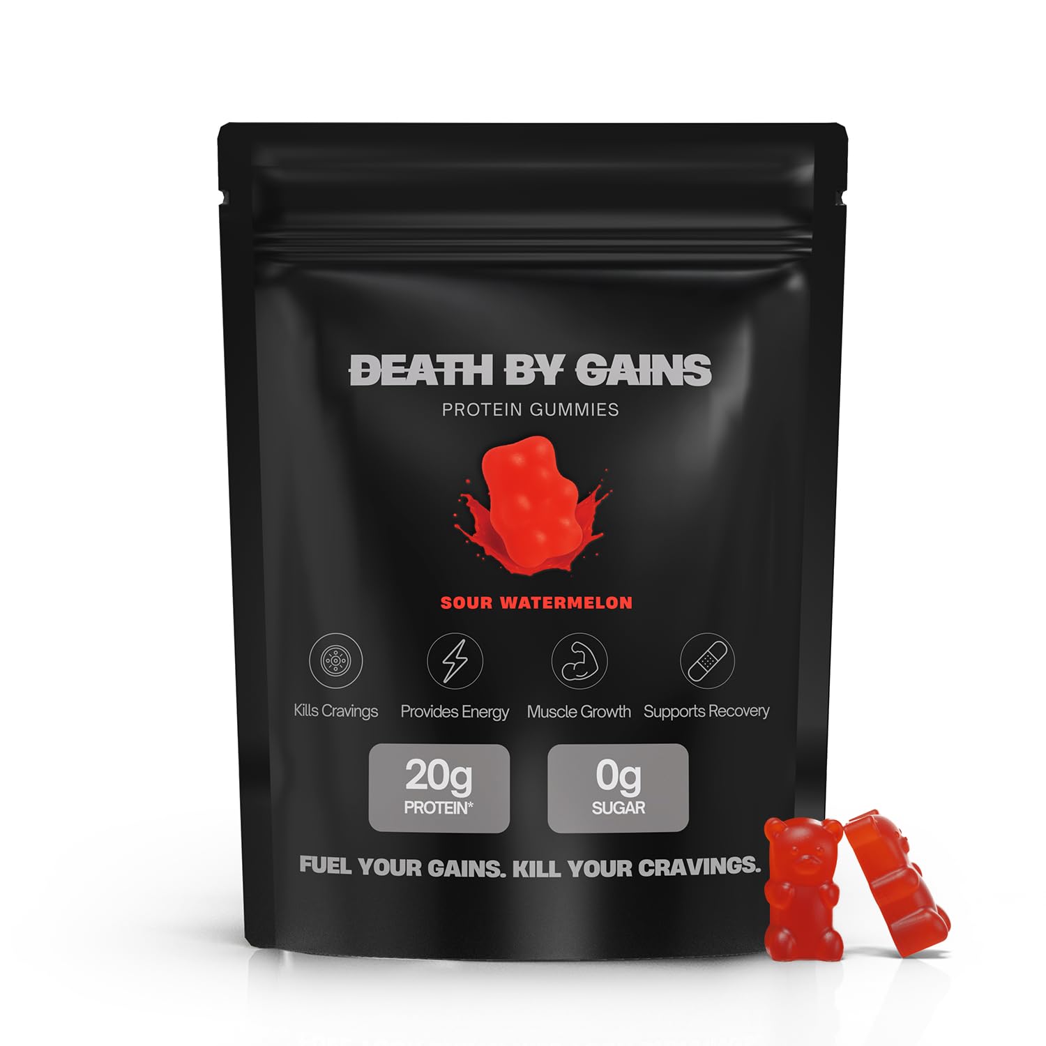 Gommes Death by Gains dans leur emballage, snack protéiné pratique en déplacement.