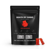 Gommes Death by Gains dans leur emballage, snack protéiné pratique en déplacement.