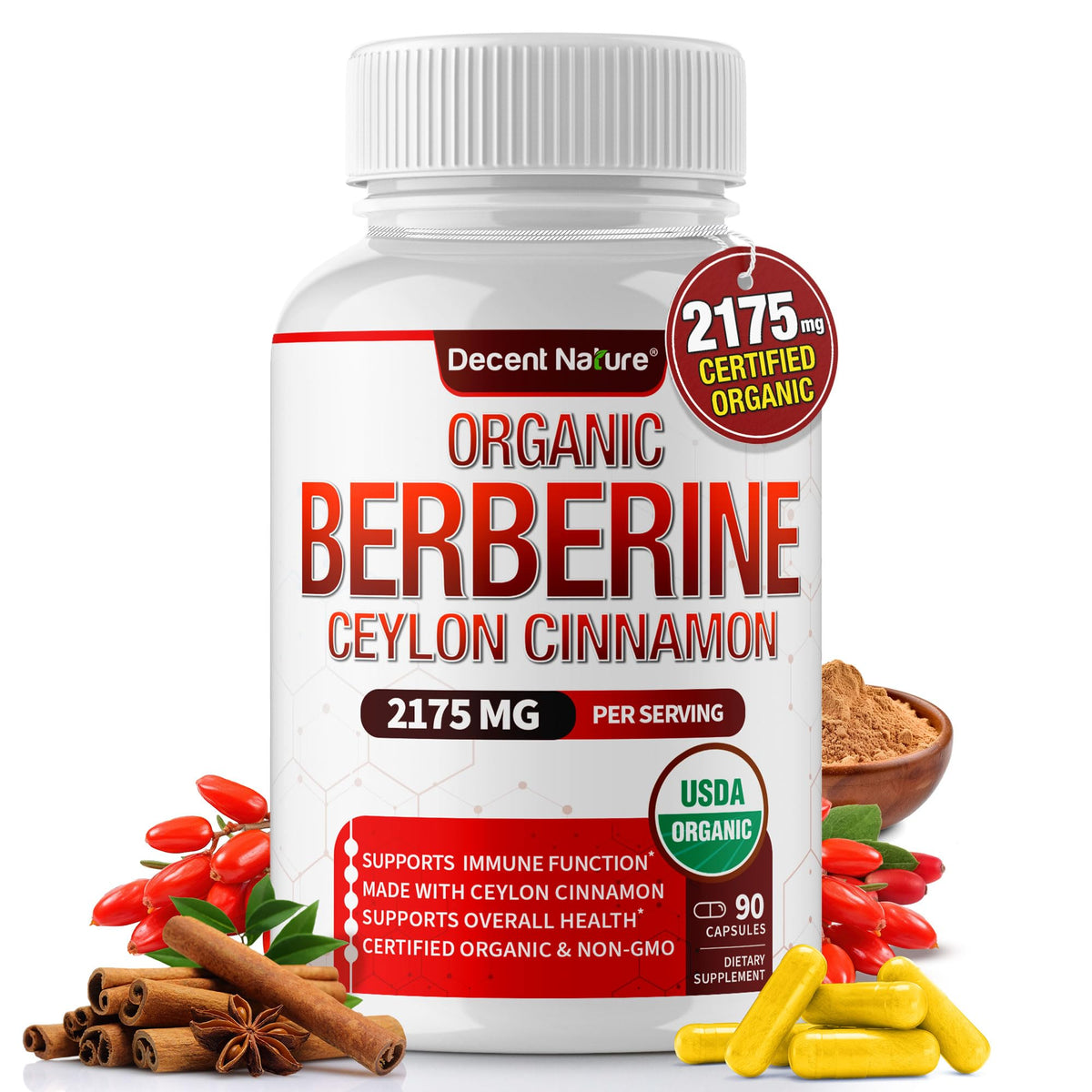 Capsules DECENT NATURE Berberine-Cinnamon: soutien énergétique quotidien.