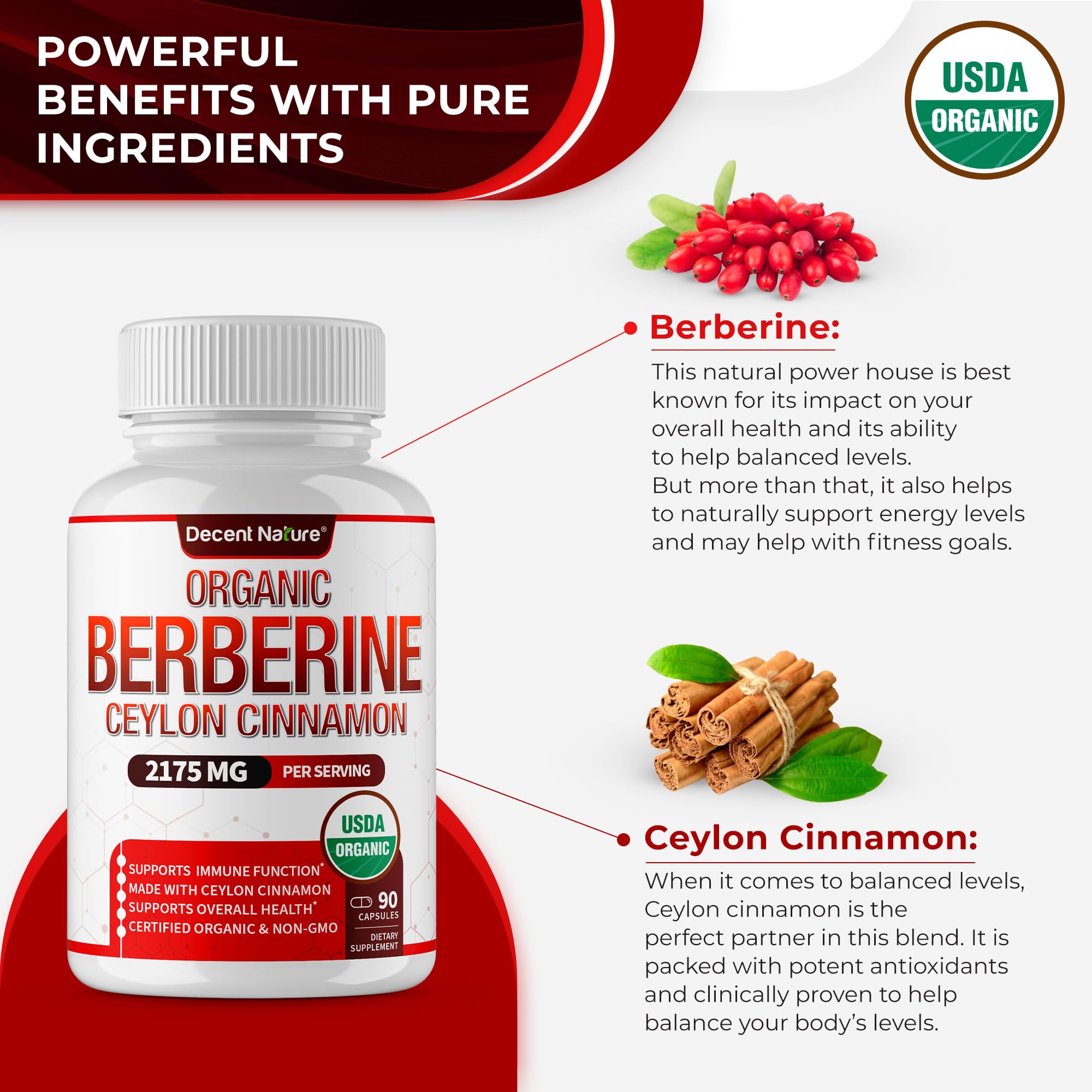 Étiquette USDA Organic sur DECENT NATURE Berberine-Cinnamon, pureté garantie.