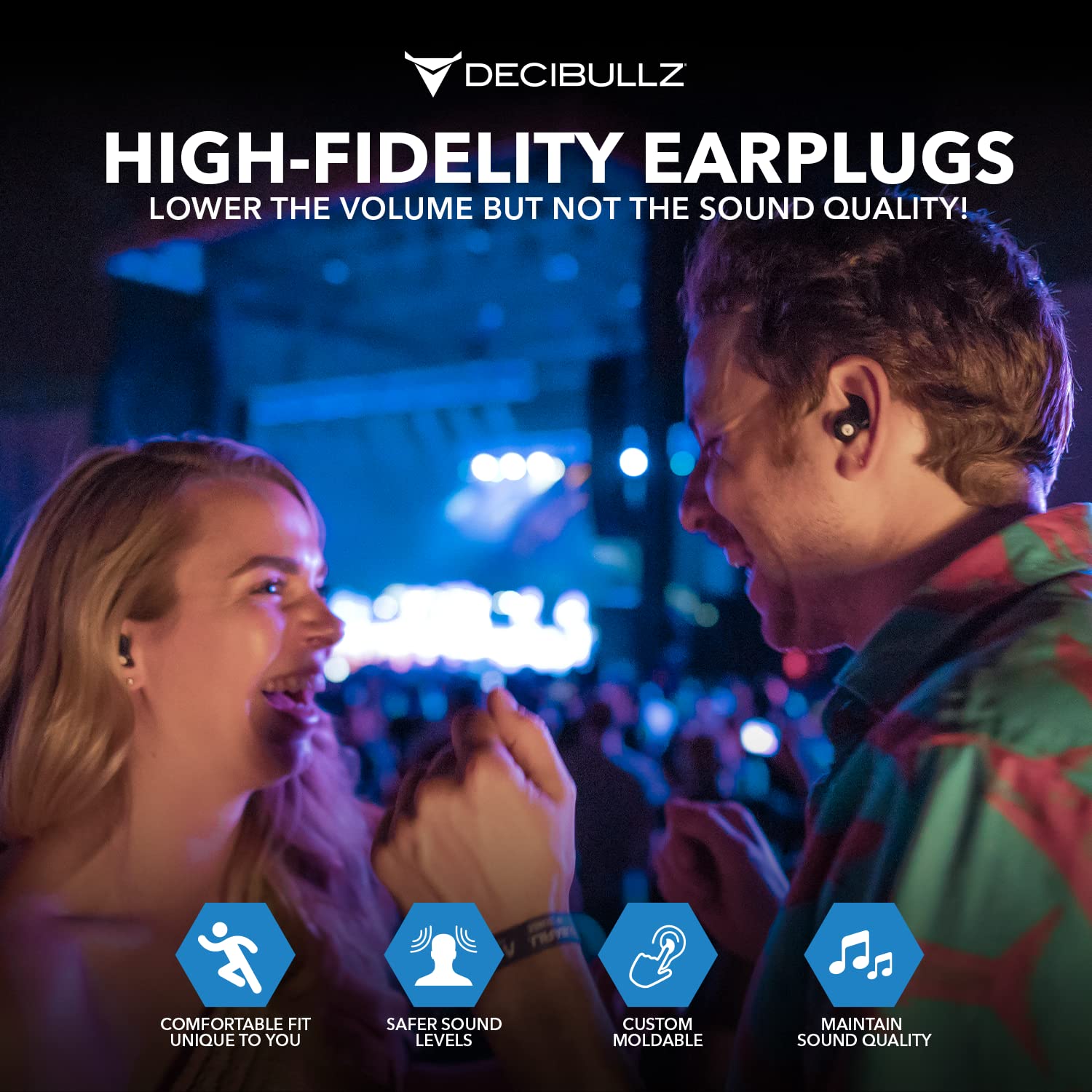 Decibullz bouchons haute fidélité pour concerts, protection auditive sans compromis.