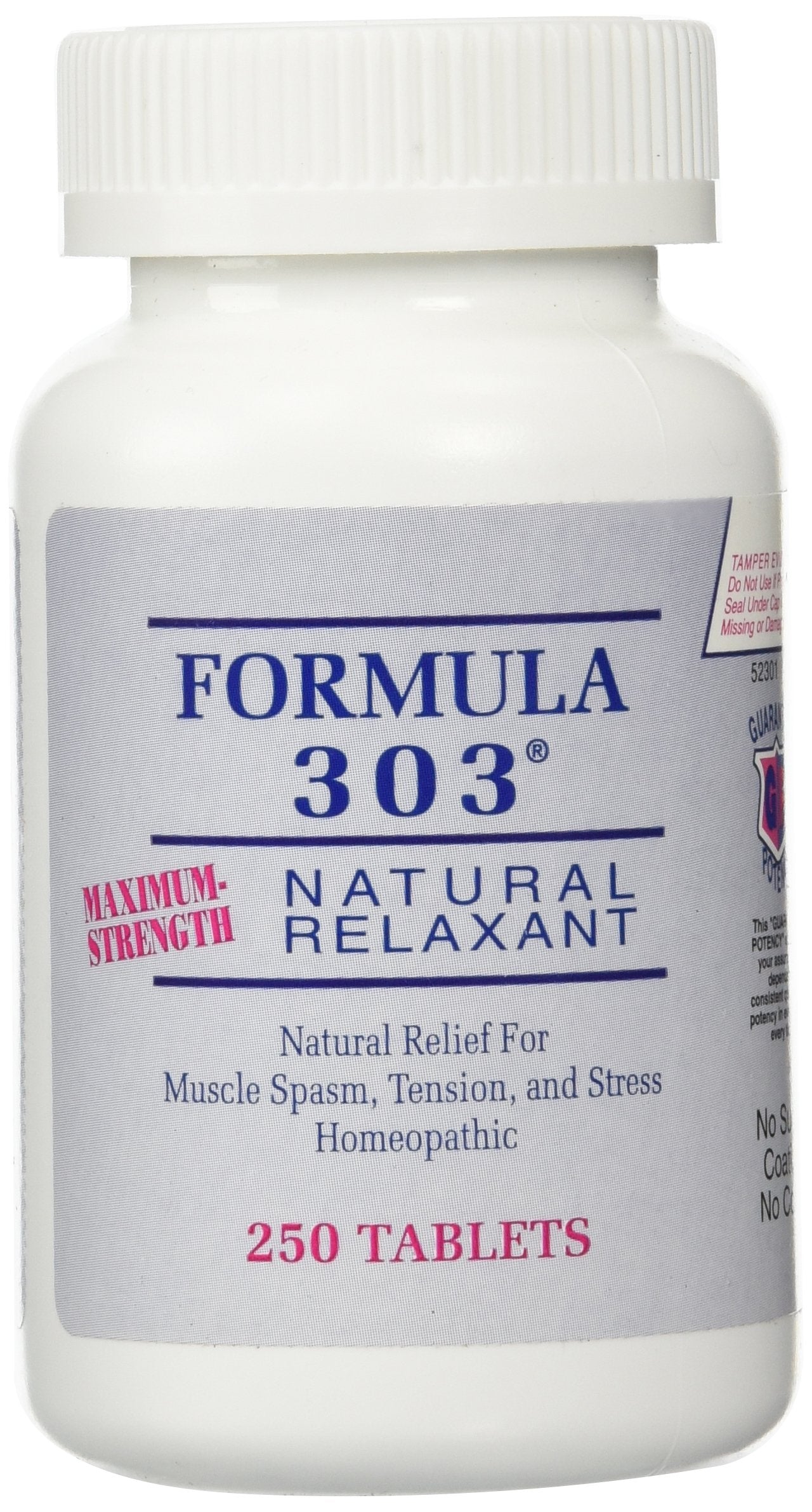 Formule 303 Dee Cee Labs, bouteille et étiquette visibles, soulagement potentiel des tensions musculaires.