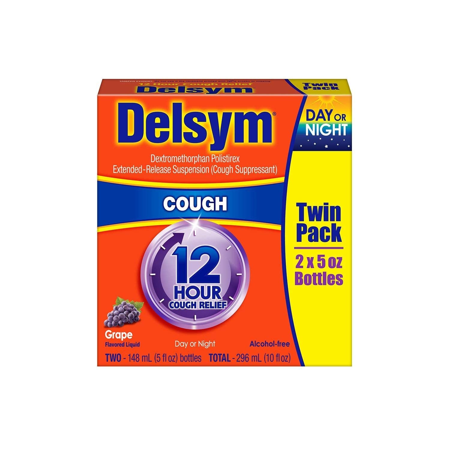 Delsym suspension enfant arôme raisin dans une bouteille, goût agréable et pratique.