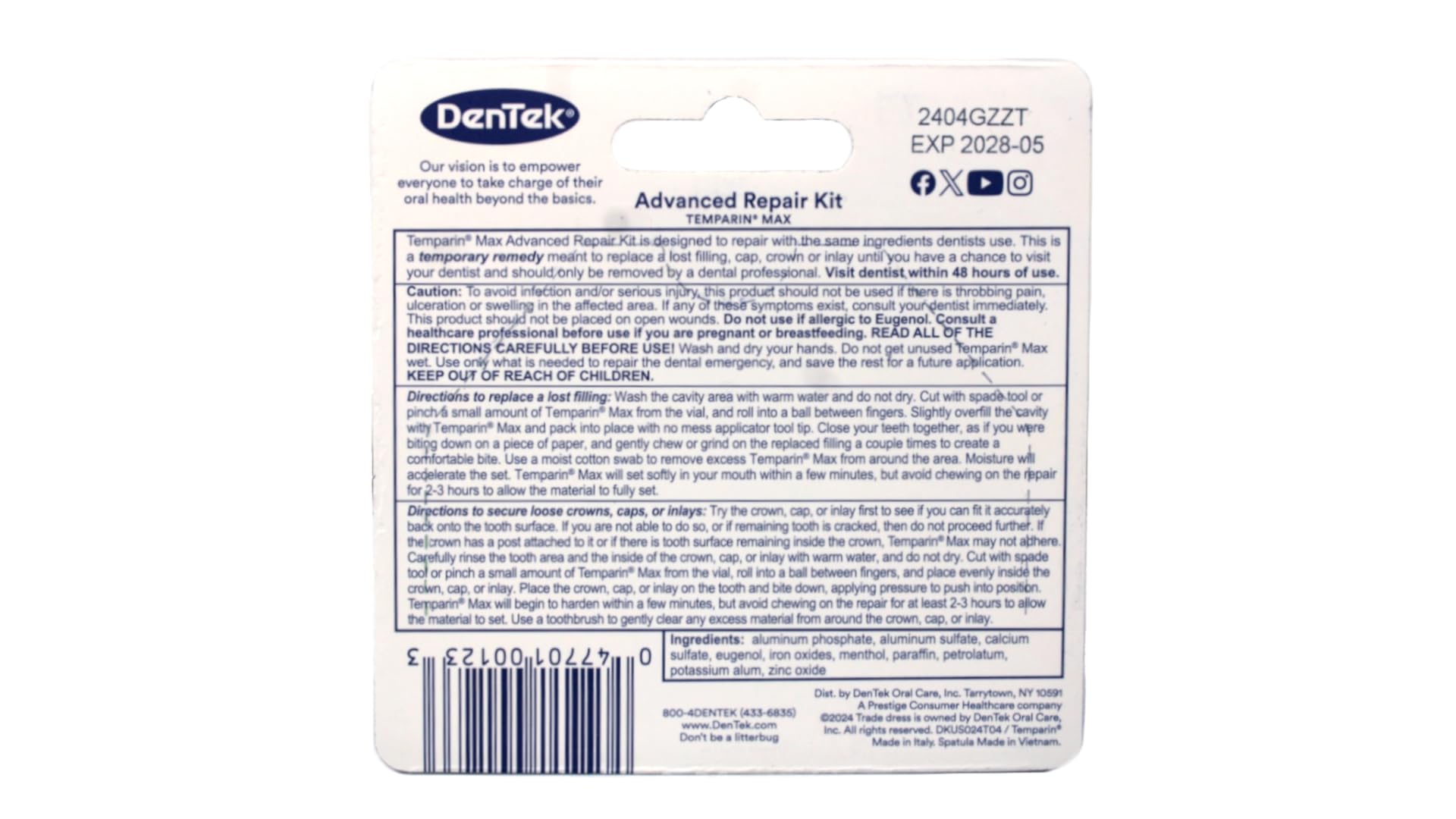 DenTek Temparin ingrédients puissance maximale assurent une installation simple et efficace.