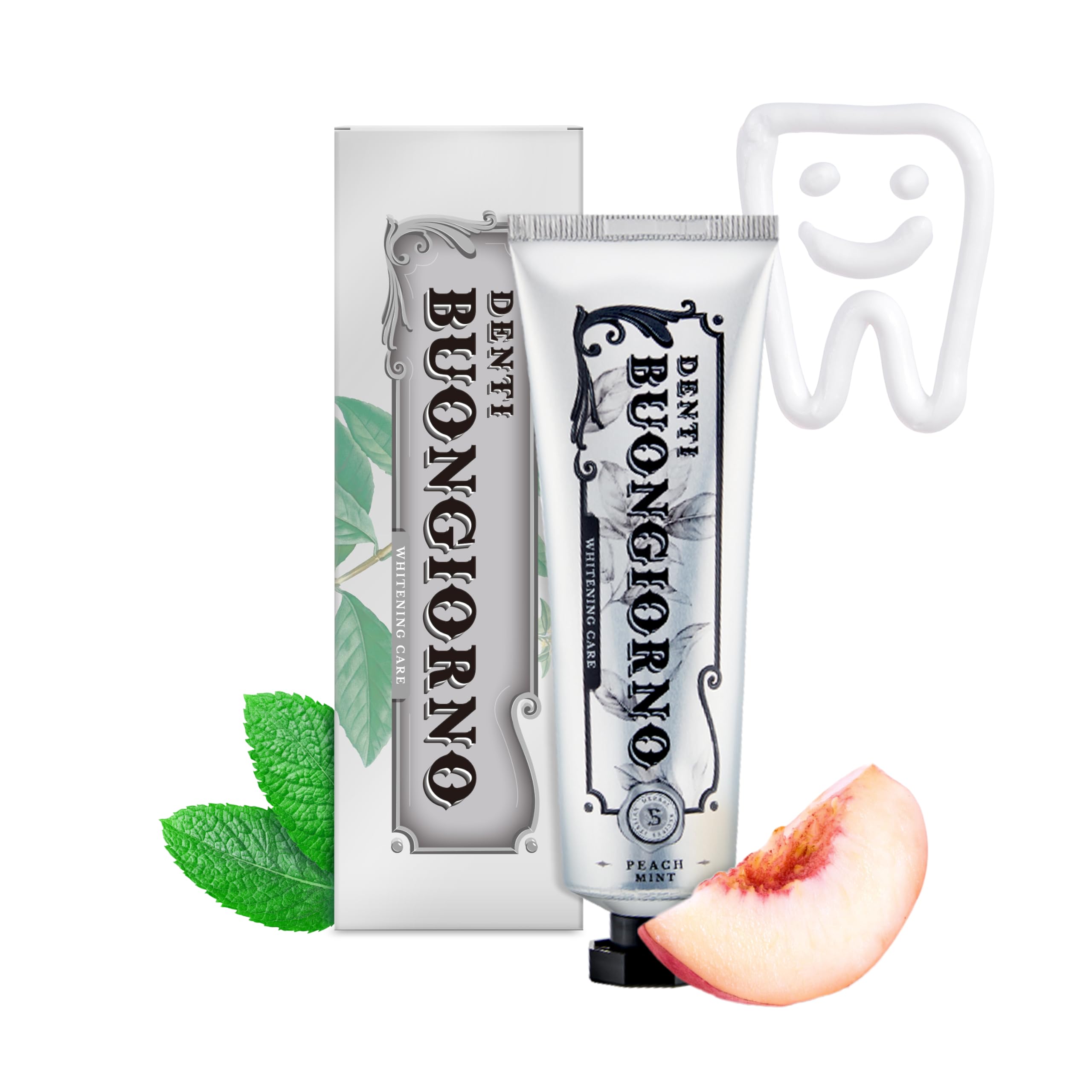 DENTI BUONGIORNO Peach Mint - tube dentifrice, blanchiment doux pour dents jaunes