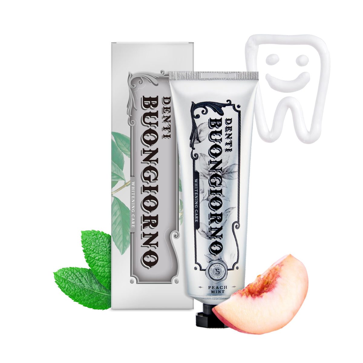 DENTI BUONGIORNO Peach Mint - tube dentifrice, blanchiment doux pour dents jaunes