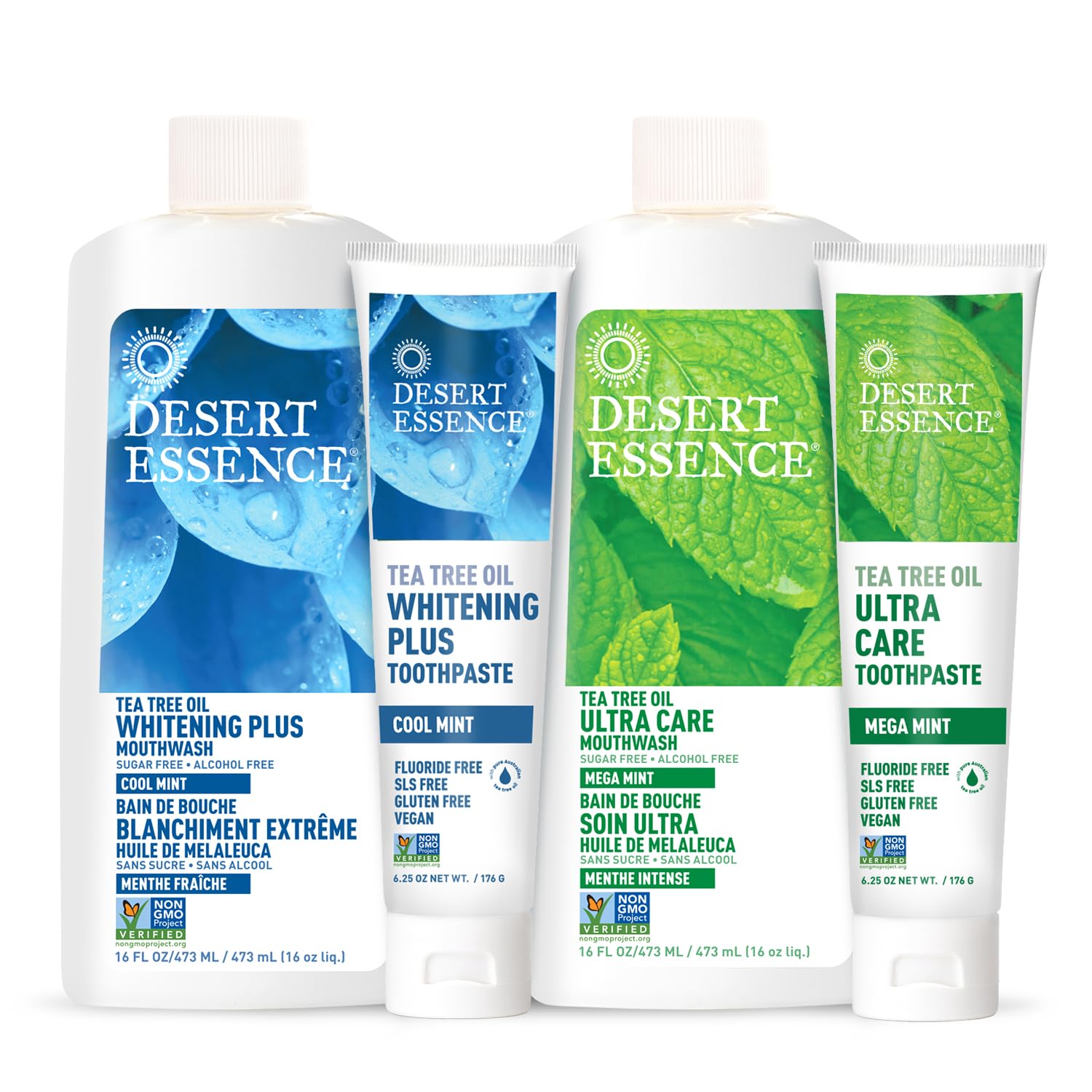 Engagement durable Desert Essence, logos B Corp et emballage respectueux.