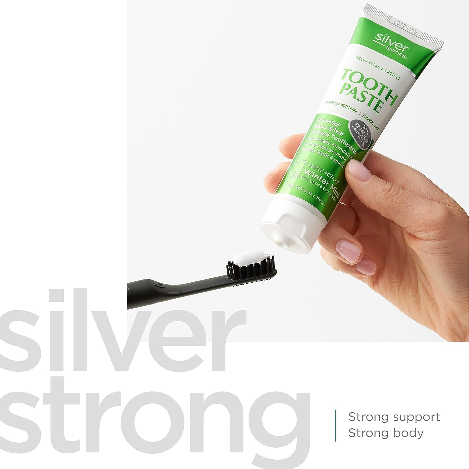 Dentifrice SilverSol, calcium au-dessus de la mer pour une reminéralisation potentielle.