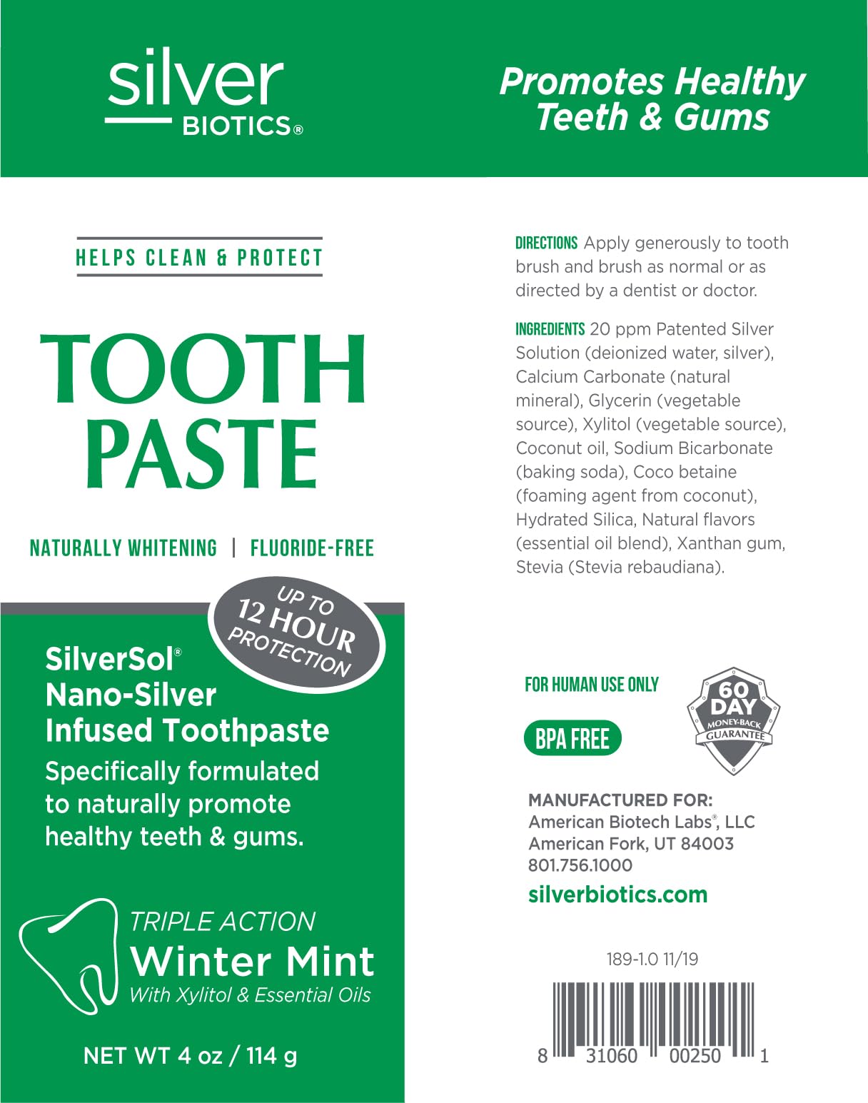 Dentifrice SilverSol aux huiles essentielles, parfum naturel et pur.