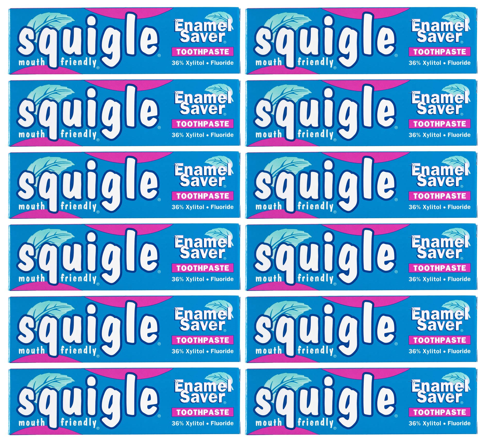 Dentifrice Squigle Enamel Saver, tube visible, soin doux pour sensibilité buccale.