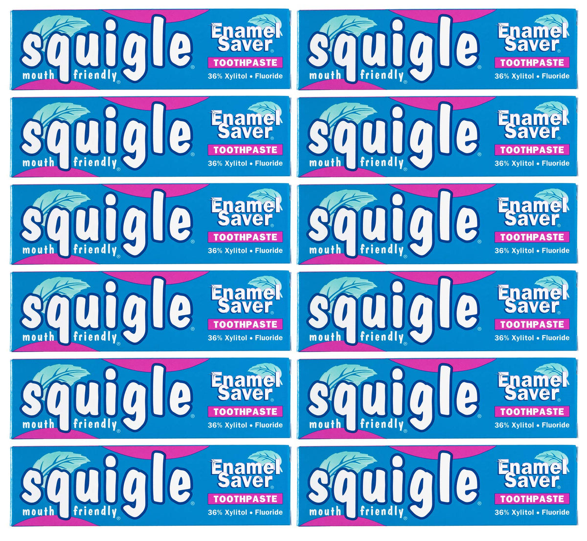 Dentifrice Squigle Enamel Saver, tube visible, soin doux pour sensibilité buccale.