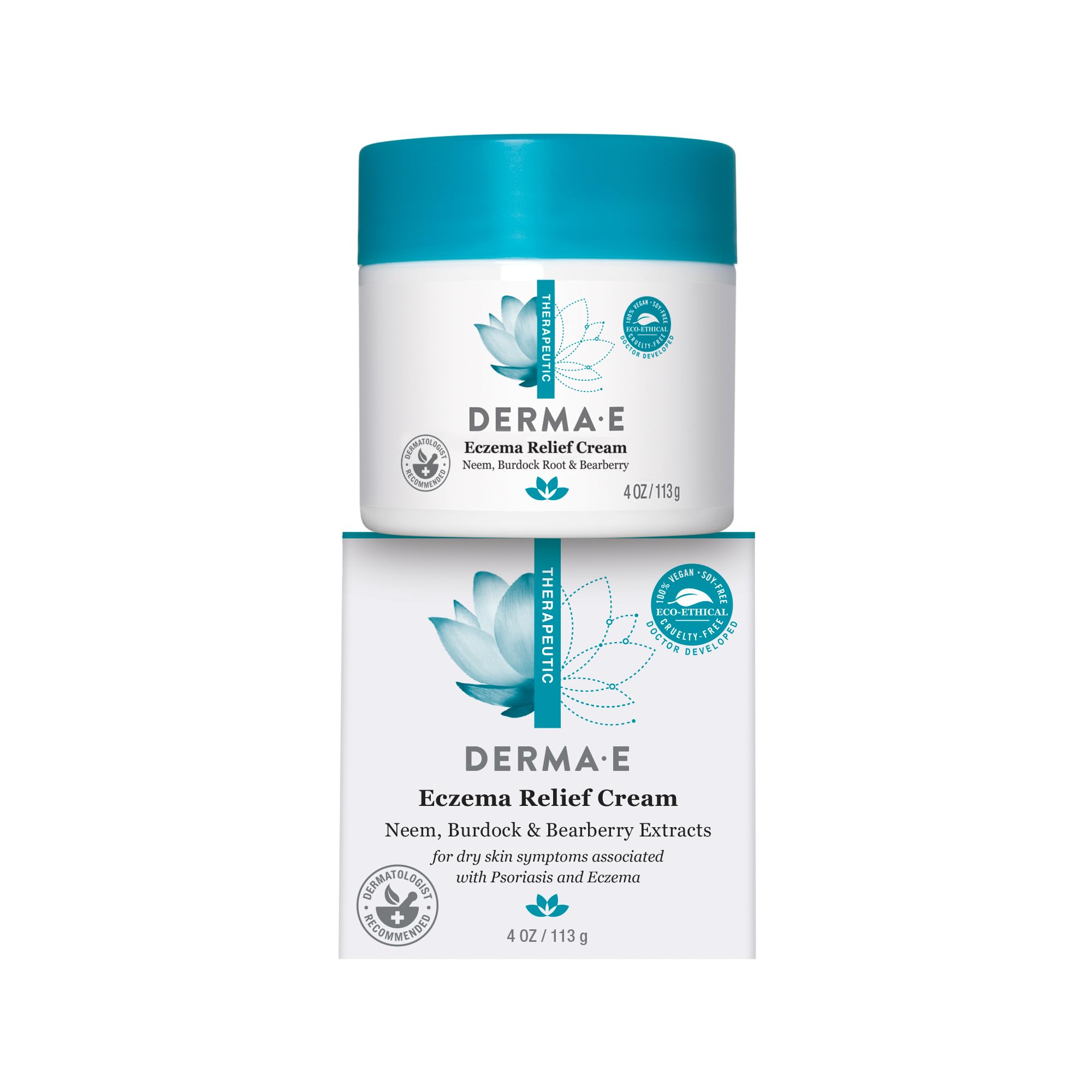 Crème Derma E Eczema Relief en bouteille 4 oz, apaisement des irritations cutanées.