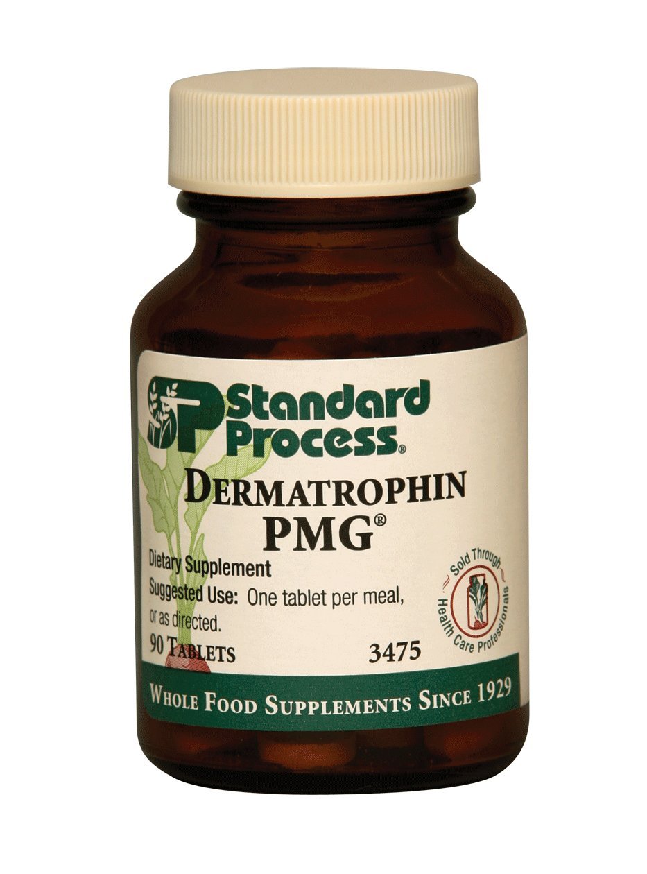 Dermatrophin PMG tablettes, emballage visuel, soutien possible pour peau saine et tissus conjonctifs.