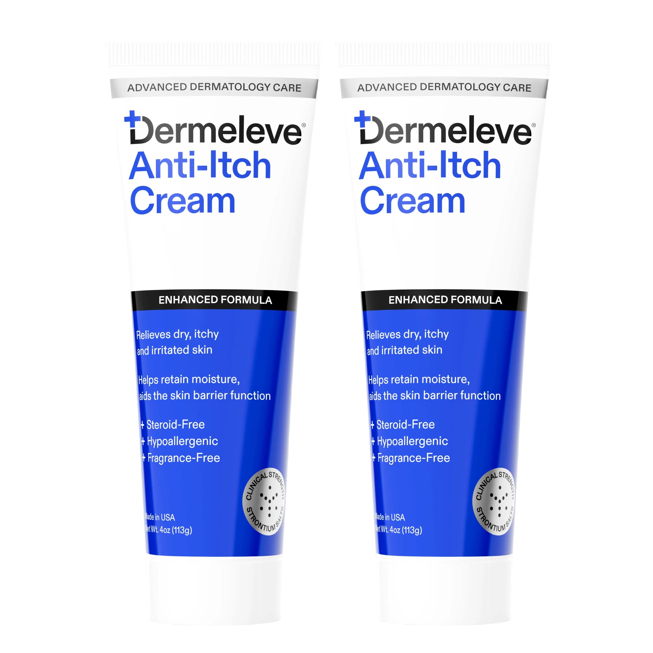 Crème Dermeleve anti-démangeaisons dans un pot de 4 oz, soulagement potentiel rapide.