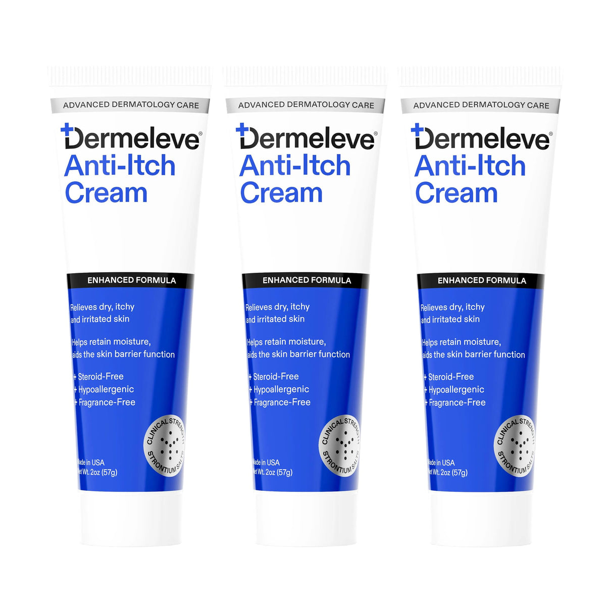 Dermeleve crème anti-démangeaisons sans corticoïdes en bouteille 2oz, soulagement rapide.