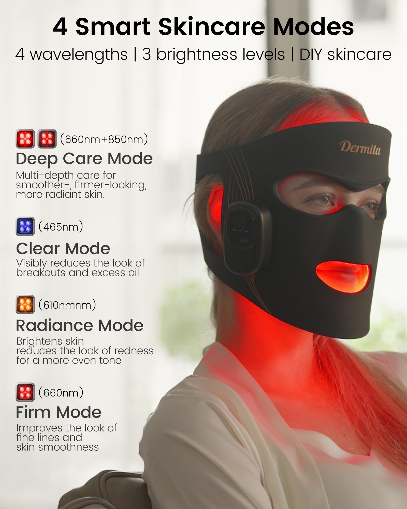 Dermita masque mode bleu 465 nm, sensation rafraîchissante et clarté de la peau.