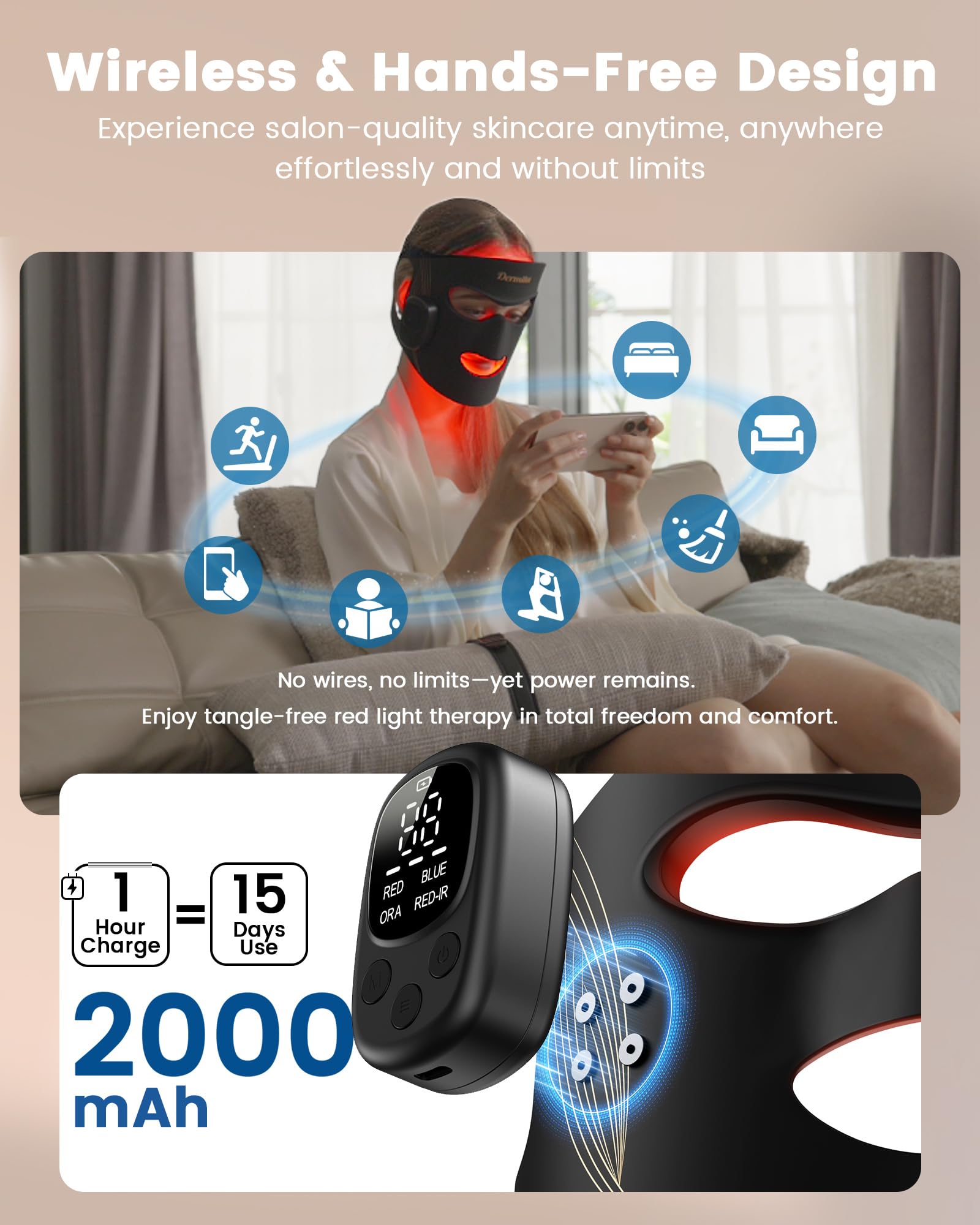 Dermita masque mode rouge-nir 850 nm, combinaison lumineuse polyvalente.