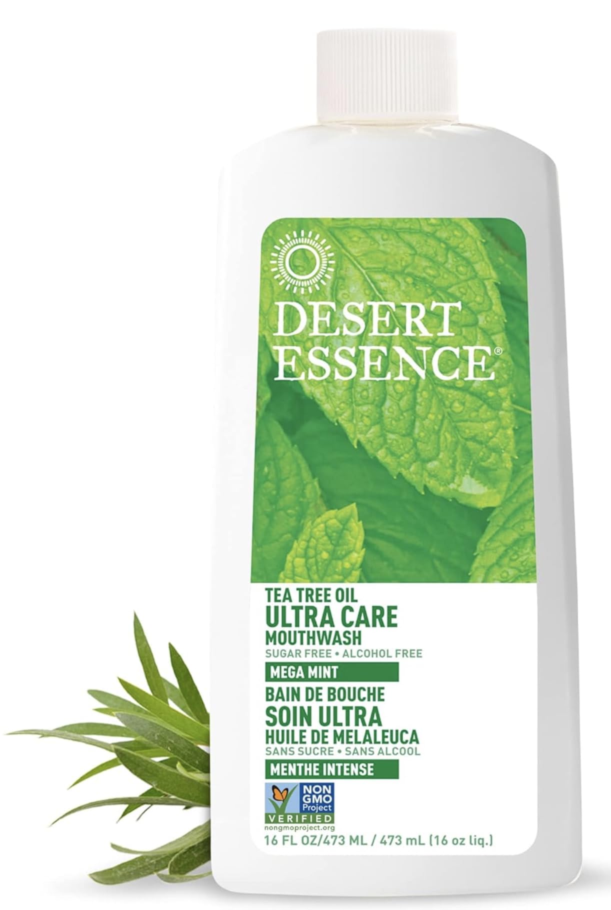 Desert Essence Bain de Bouche Arbre à Thé Menthe Mega, bouteille prête pour une fraîcheur durable.