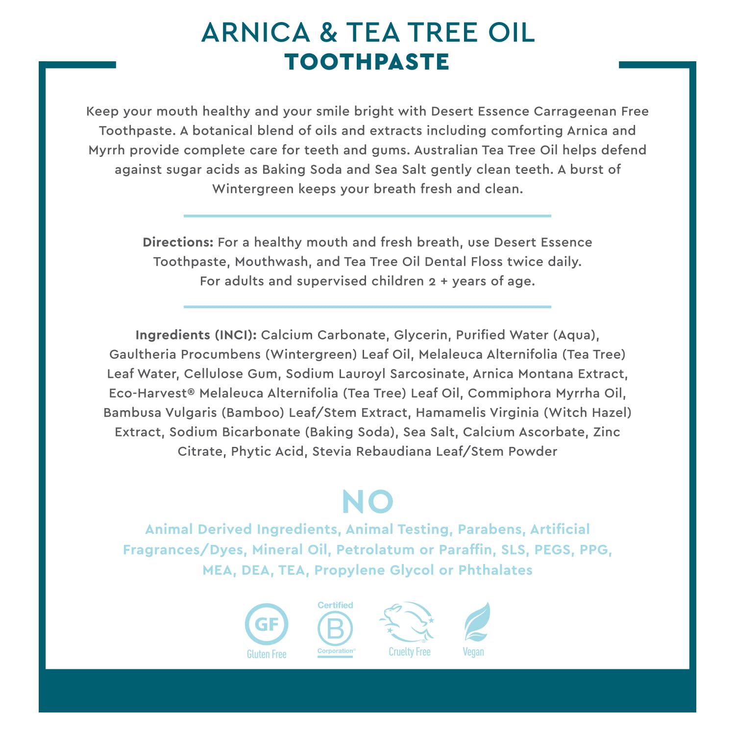 Dentifrice Desert Essence Arnica & Tea Tree — gel léger et sensation de propreté.