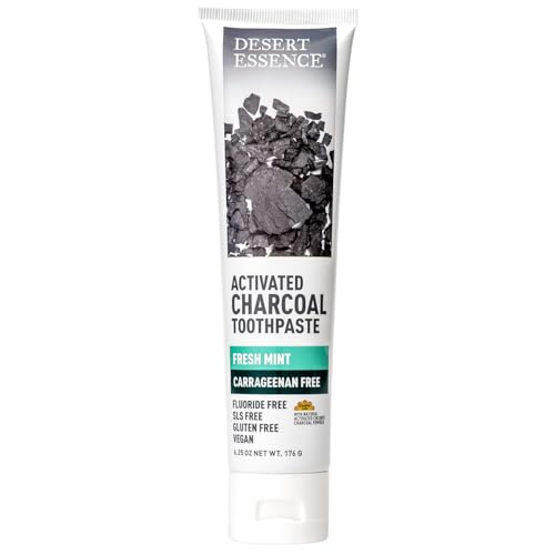 Desert Essence dentifrice charbon actif — tube gris et présentation moderne.