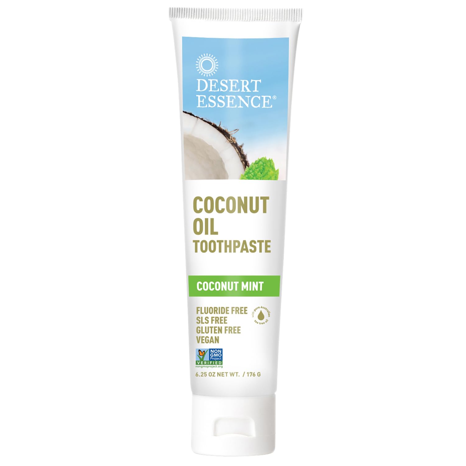 Emballage du dentifrice Desert Essence coco menthe montrant le design soigné